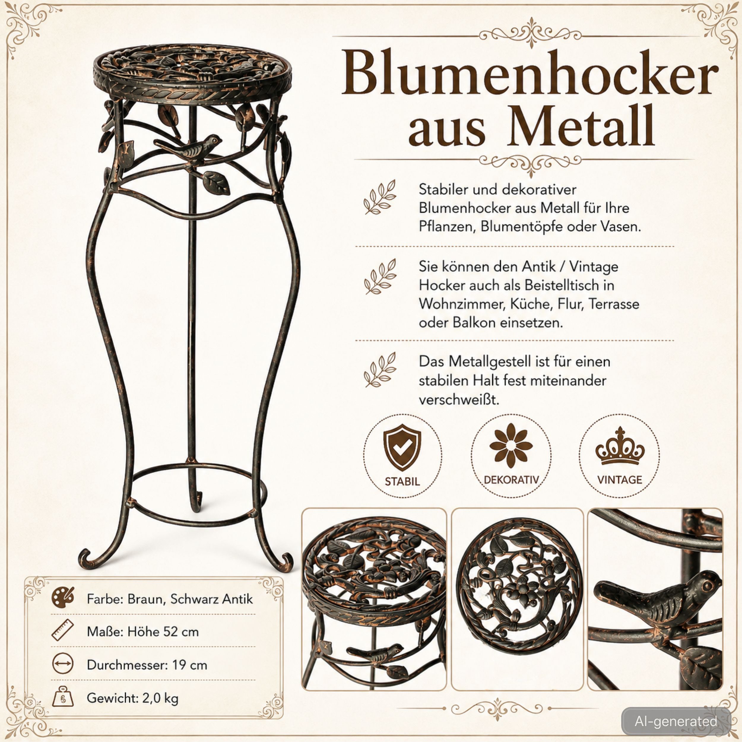 DanDiBo Blumenhocker Metall Schwarz Rund Blumenhocker 18215 Blumensäule Antik, Pflanzenständer Pflanzenhocker Vintage – Bild 2 von 5