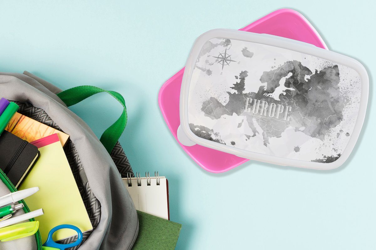 Snackbox, - Erwachsene, rosa MuchoWow Lunchbox Mädchen, - Aquarell Kunststoff, Schwarz, Brotbox Weltkarte Brotdose Kunststoff (2-tlg), für Kinder,