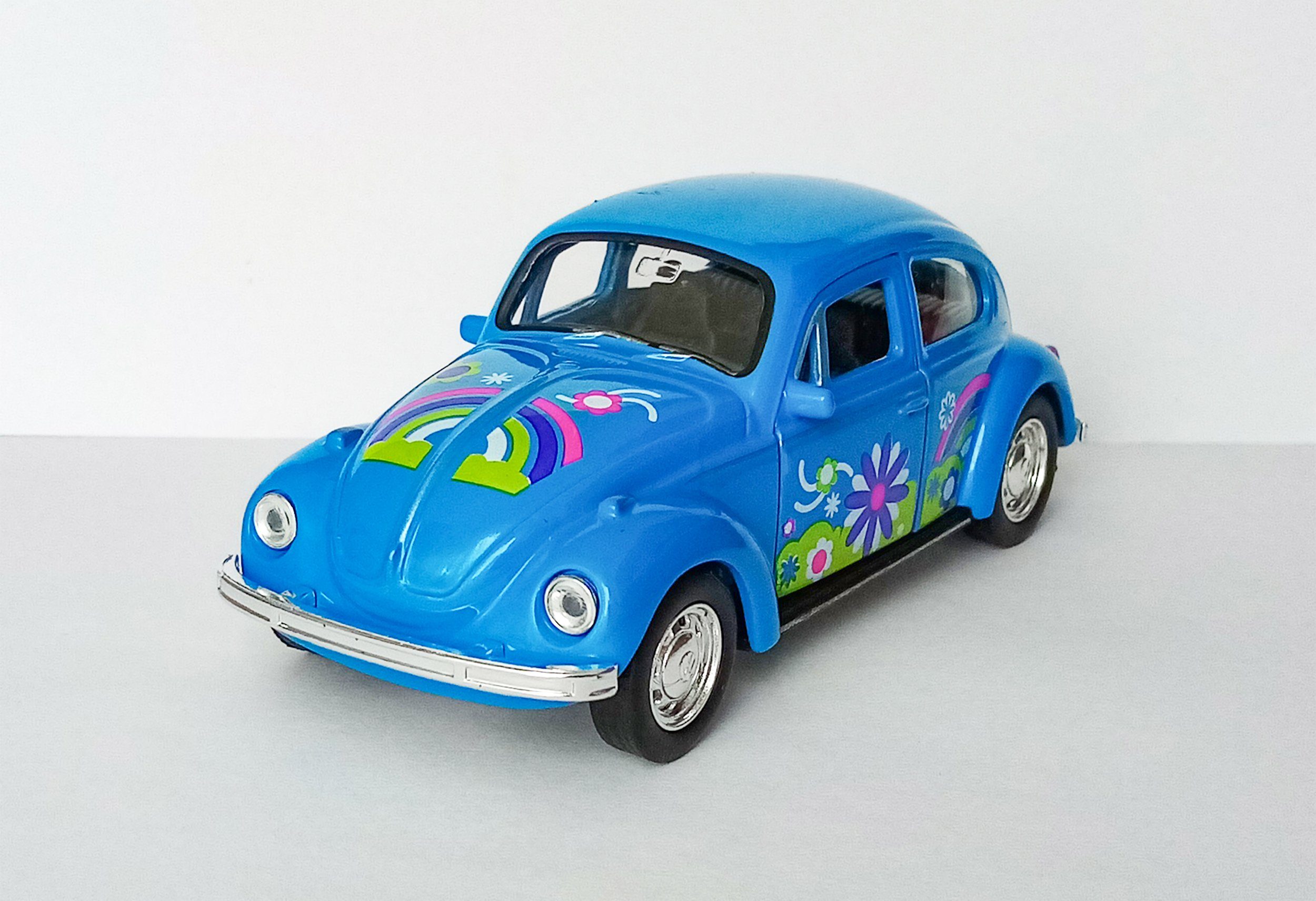 Welly Modellauto VOLKSWAGEN BEETLE Käfer Flower Power Hippy VW 73 (Blau/Blumen), Modellauto Modell Spielzeugauto Kinder Geschenk