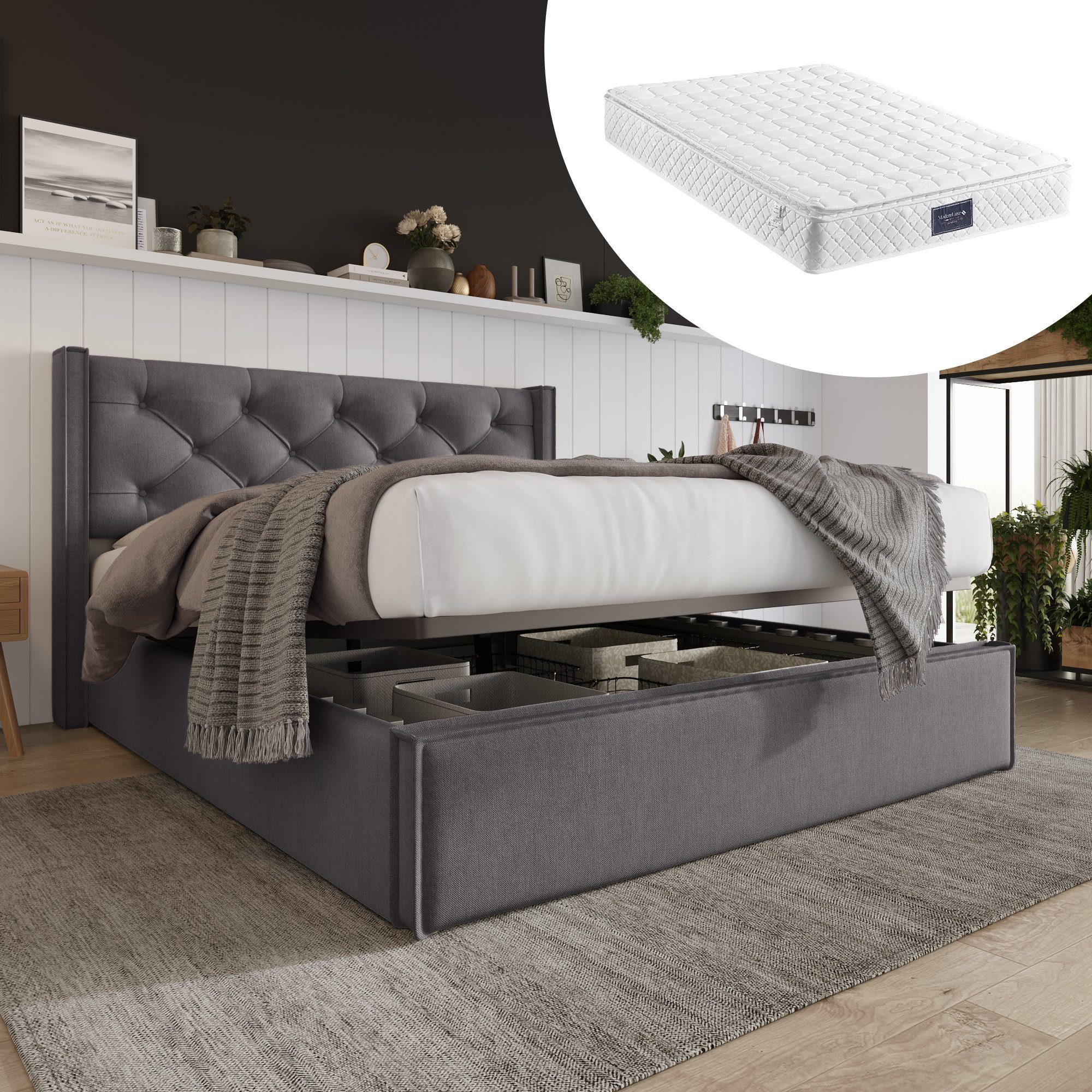 Boxspringbett (Polsterbett Doppelbett 160x200 cm mit edler Knopfheftung und Matratze), Hydraulisches Funktionsbett mit Bettkasten und Lattenrost, Baumwolle