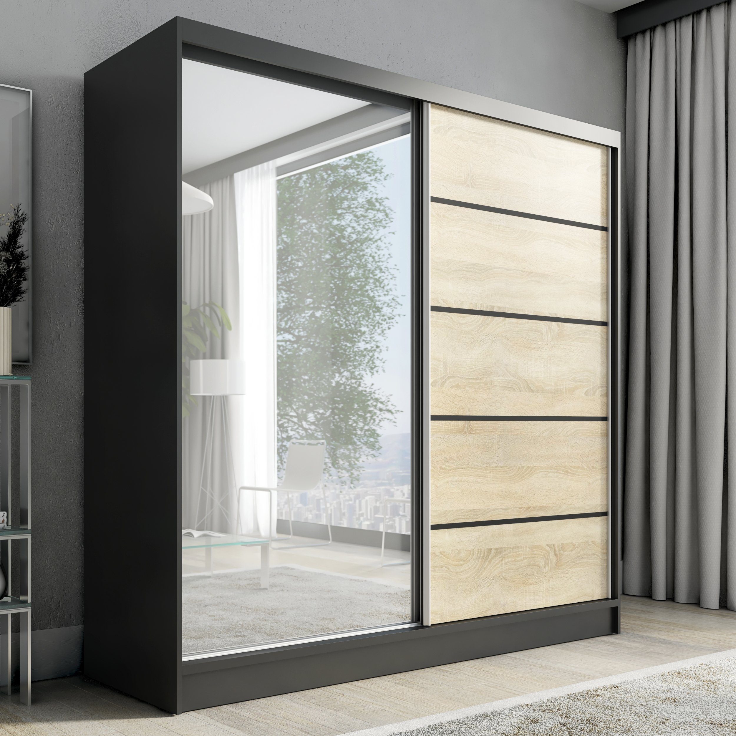 A&J MöbelLand Schwebetürenschrank 200cm Weiß - Kleiderschrank Mit Spiegel & Schubladen