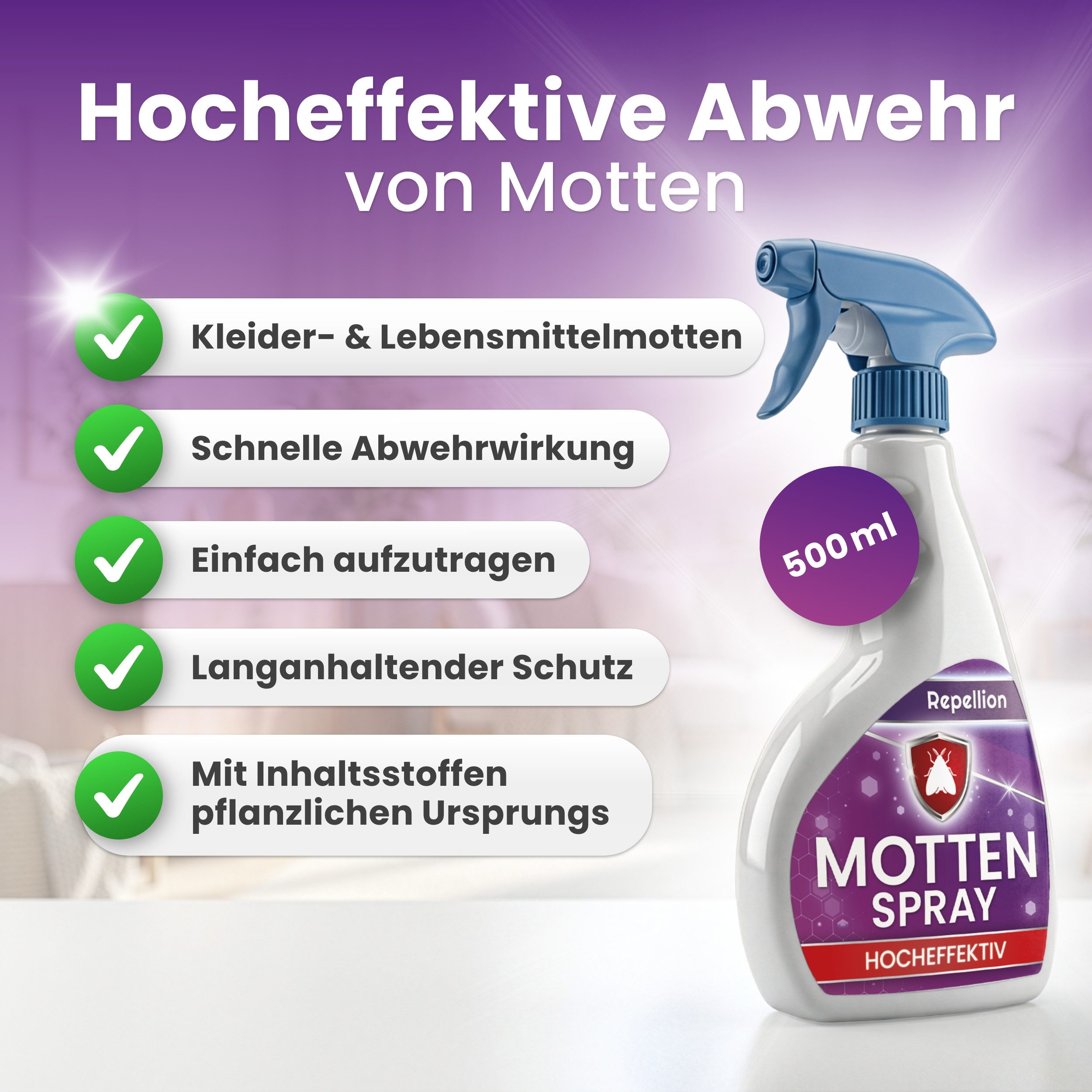 Repellion Insektenspray Anti Motten Spray - Mottenspray gegen Motten & Mottenlarven, 500 ml, Schutz gegen Motten (für Kleidermotten & Lebensmittelmotten)