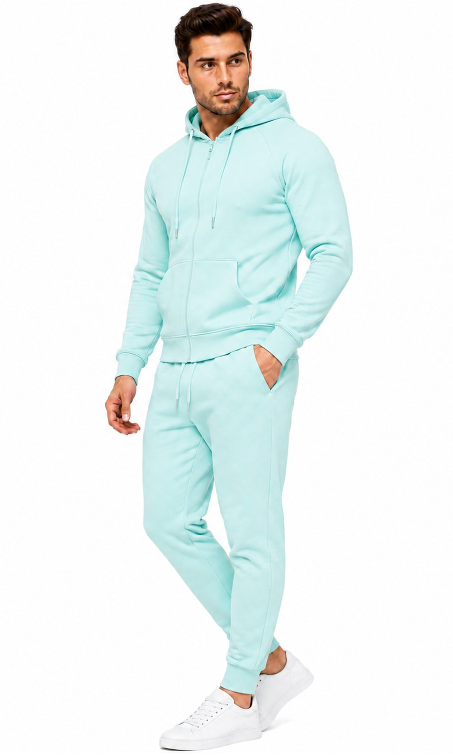 L.gonline Freizeitanzug Herren Jogginganzug einfarbig 100% BW 586 Mint Grün XL (Kapuzenjacke mit Reißverschluss, Hose, 2-tlg), Fitness Freizeit Casual