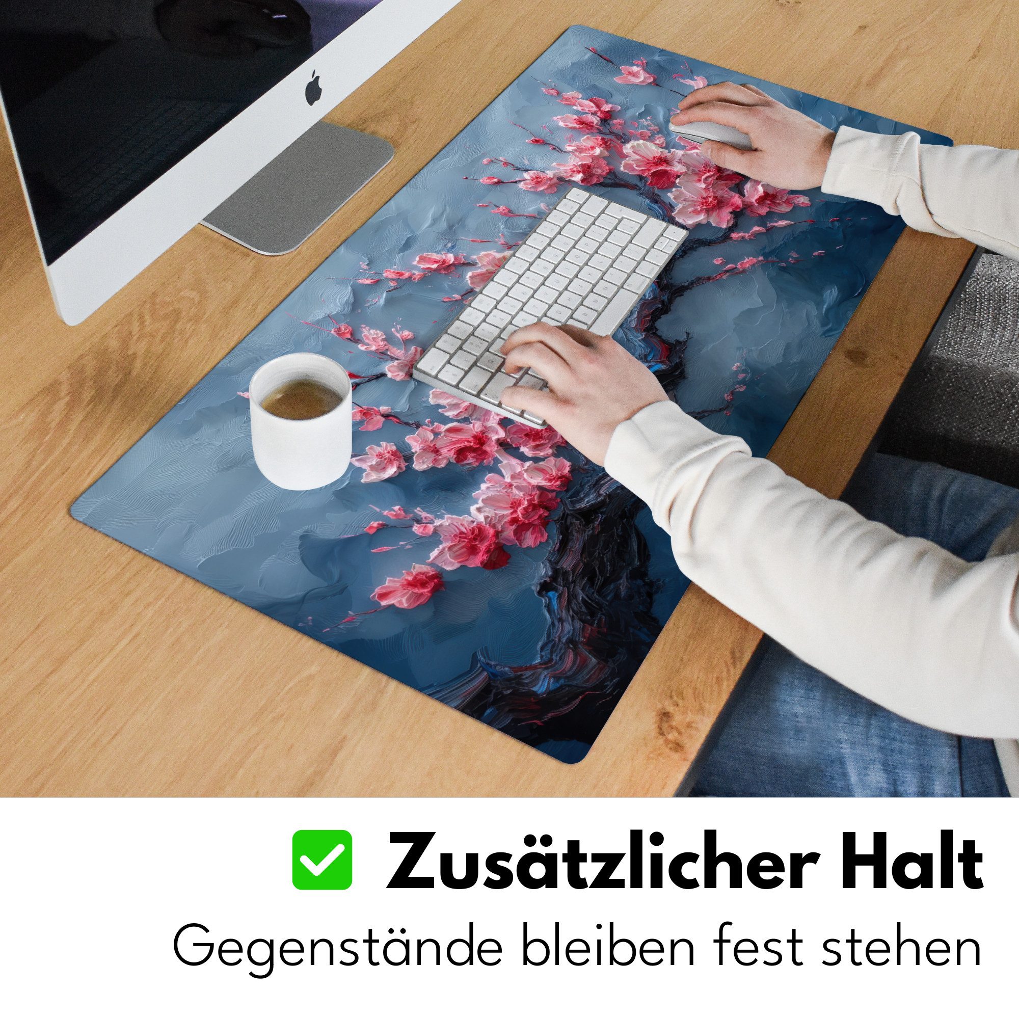 MuchoWow Gaming Mauspad Blüte - Blume - Rosa - Zweig (1-St), Gaming Mauspad XXL, Schreibtischunterlage, Desk Mat Groß, 80x40 cm