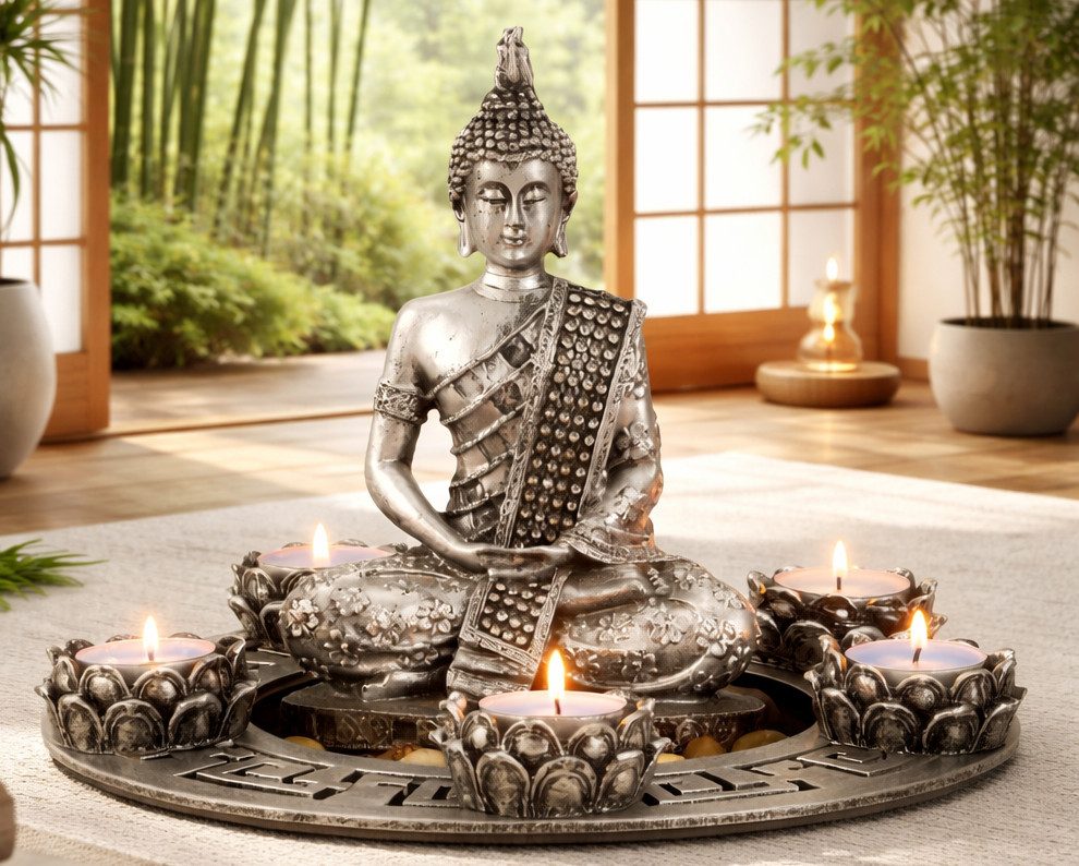 LB H&F Lilienburg Teelichthalter mit Tablett Dekotablett Buddha Statue silber Teelichthalter mit Deko Steinen (Kerzenständer Windlicht SET Geschenkset Dekoteller Dekotablett Kerzentablett Geschenkset Mama Mutter Geburtstag Wellness, meditieren meditation geschenk idee bad badezimmer wohnzimmer), Yoga Feng Shui Zen Kerzentablett modern Teelichthalter Kerzenhalter