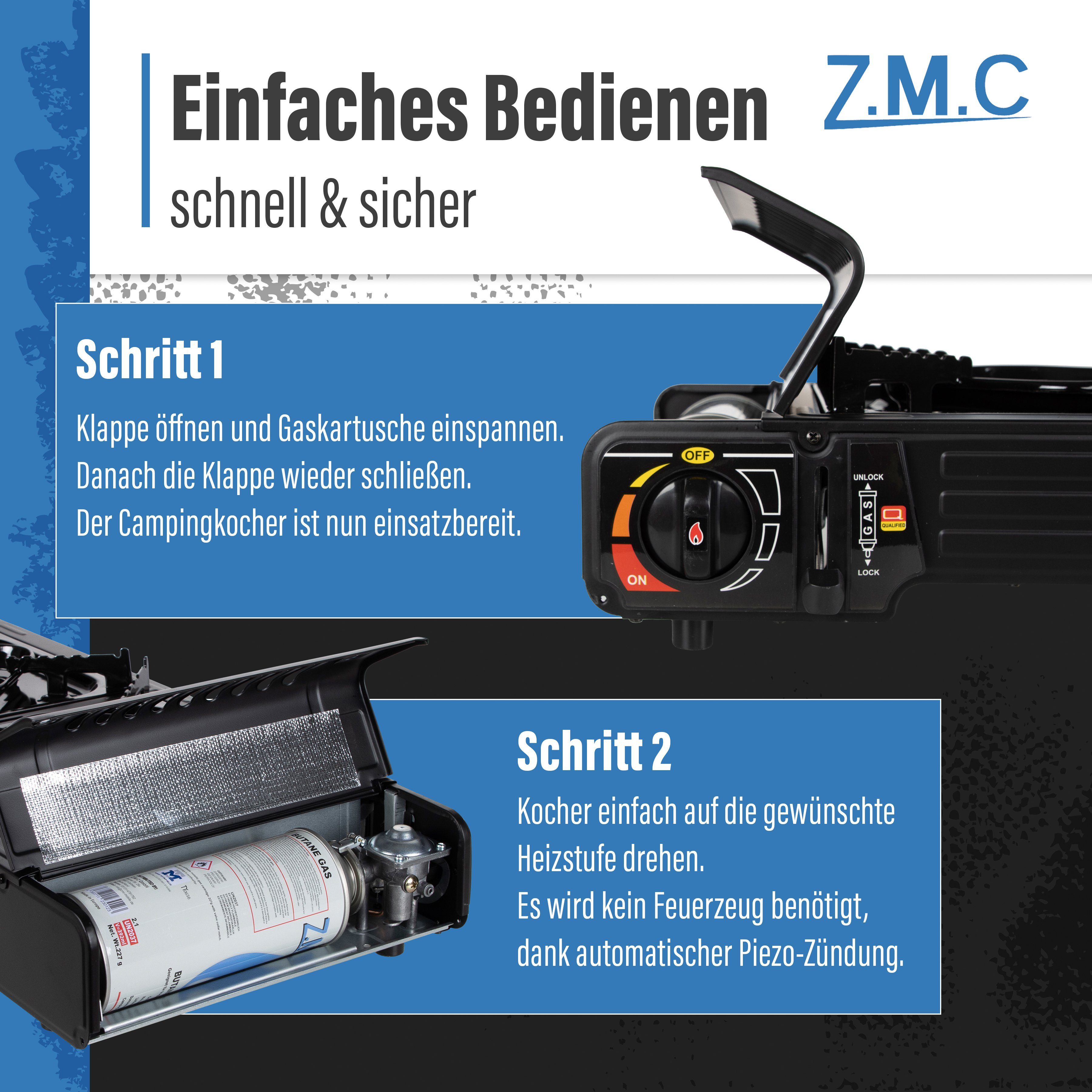 2,0KW), Platte Gasgrill Gas Piezozündung Gaskartusche, 2 Camping Campingkocher Kochfeld Butangas Gaskocher 227g flammig PREMIUM Gasbrenner Herd Gaskocher Grillplatte+16x Butan ZMC Gas Doppel Kocher Tischgrill Outdoor (Grill Wärmeleistung: mit Gaskocher