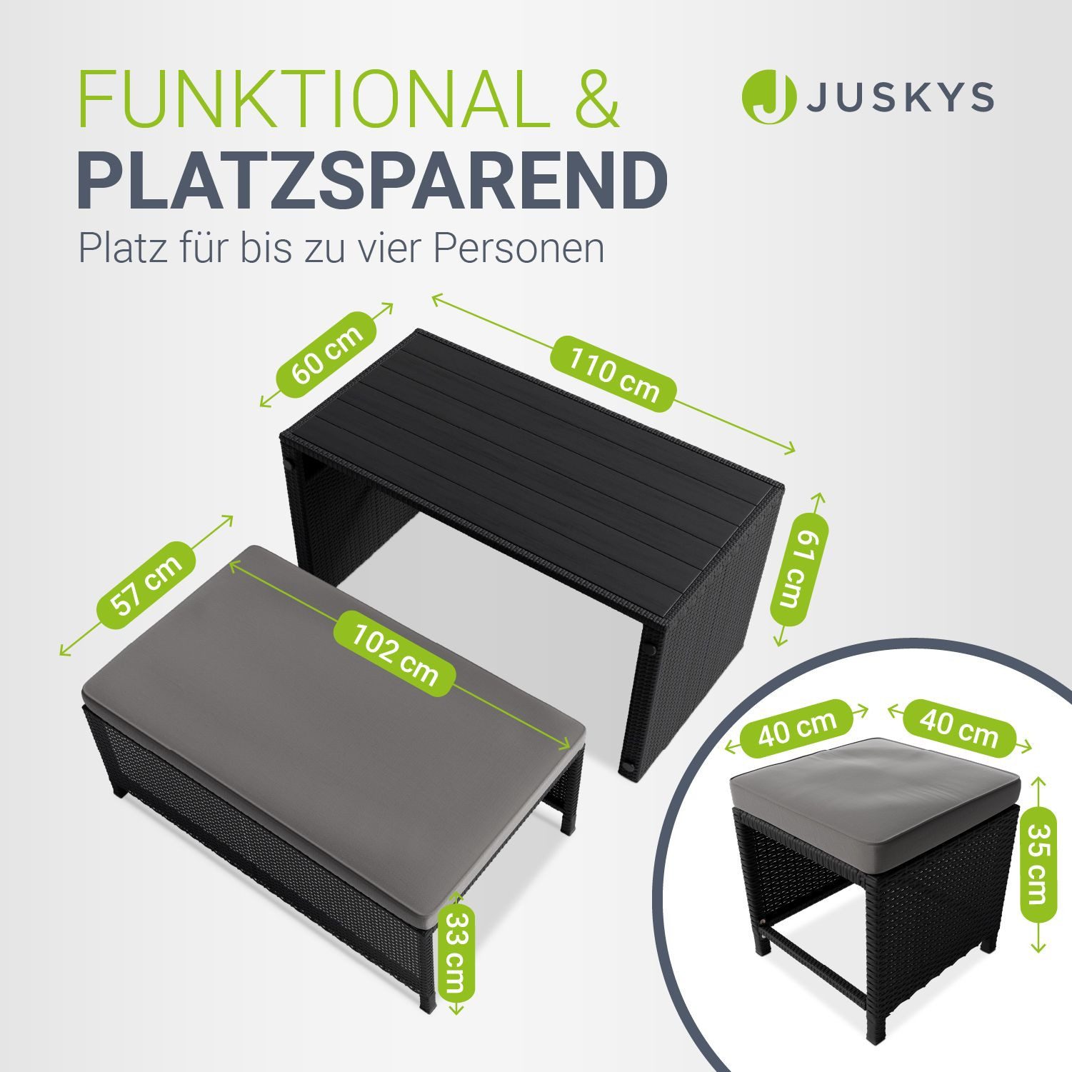 Juskys Gartenlounge-Set Jamaika, 2in1 Polyrattan Set, wetterbeständig, mit Sitzkissen, inkl. Tisch