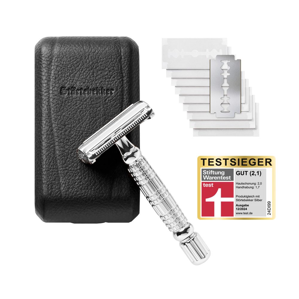 Störtebekker Rasierhobel Herren - Silber - im handgefertigten Lederetui inkl. 10 Klingen, perfekt für Einsteiger