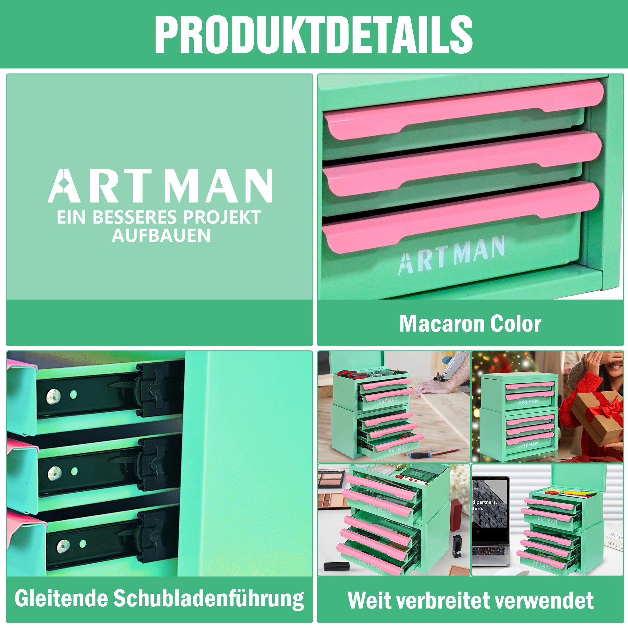 i@home Schubladenbox Schubladenschrank, Aufbewahrungsschrank, Stahl, 5 Schubladen, (2-St), stapelbare Kommode mit Metallgriffen, für Kosmetik- & Bastellager usw.