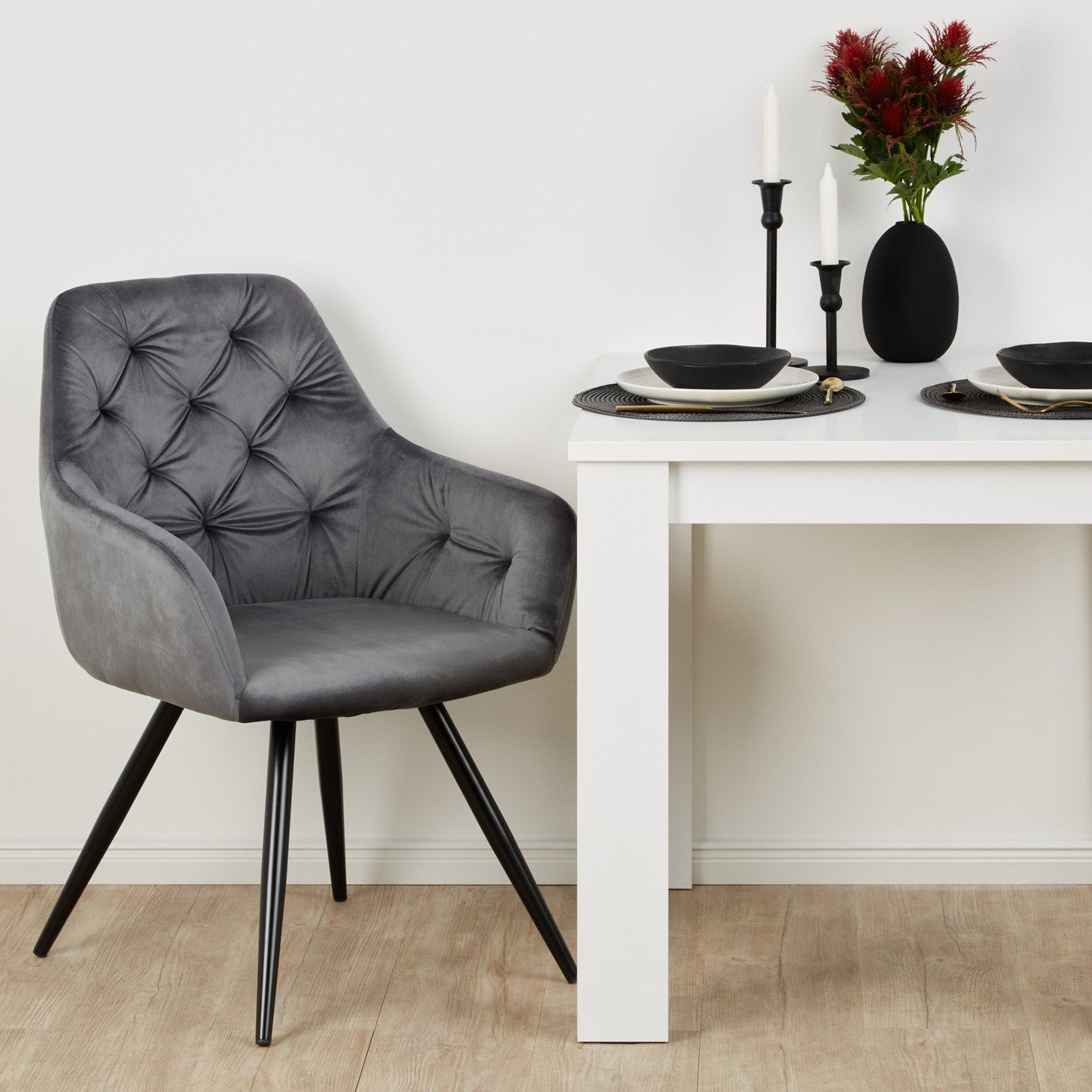 3-tlg) Grau, Essgruppe Samt Sesseln Weiß 80x80 cm Esstisch (Komplett-Set, 2 mit Homestyle4u