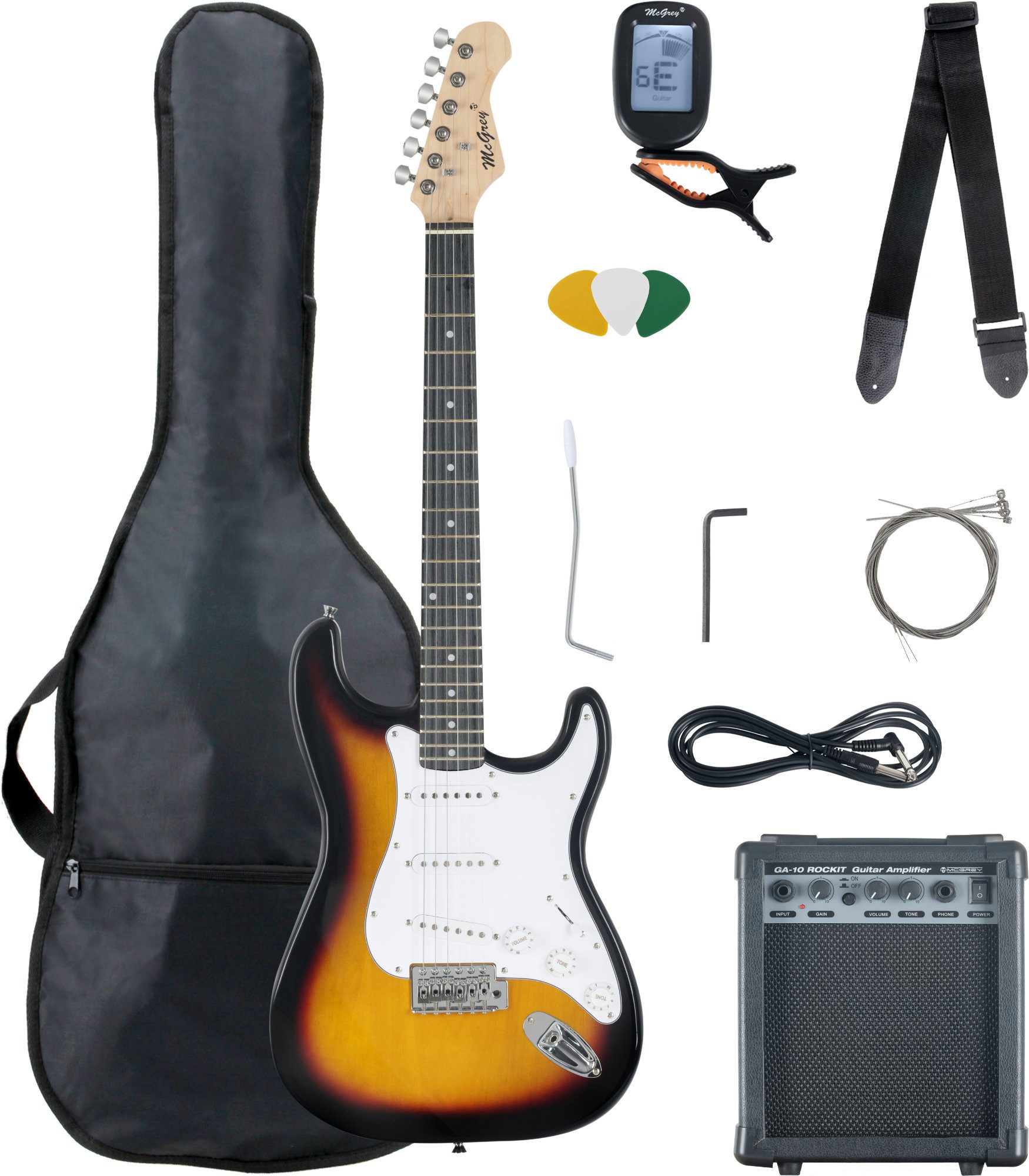 McGrey E-Gitarre Rockit elektrische Gitarre, ST-Style, Komplettset 4/4, 8-St., inkl. Verstärker, Tasche, Stimmgerät, Plektren, Gurt und Kabel, 10 Watt (RMS) Gitarrenverstärker inklusive!