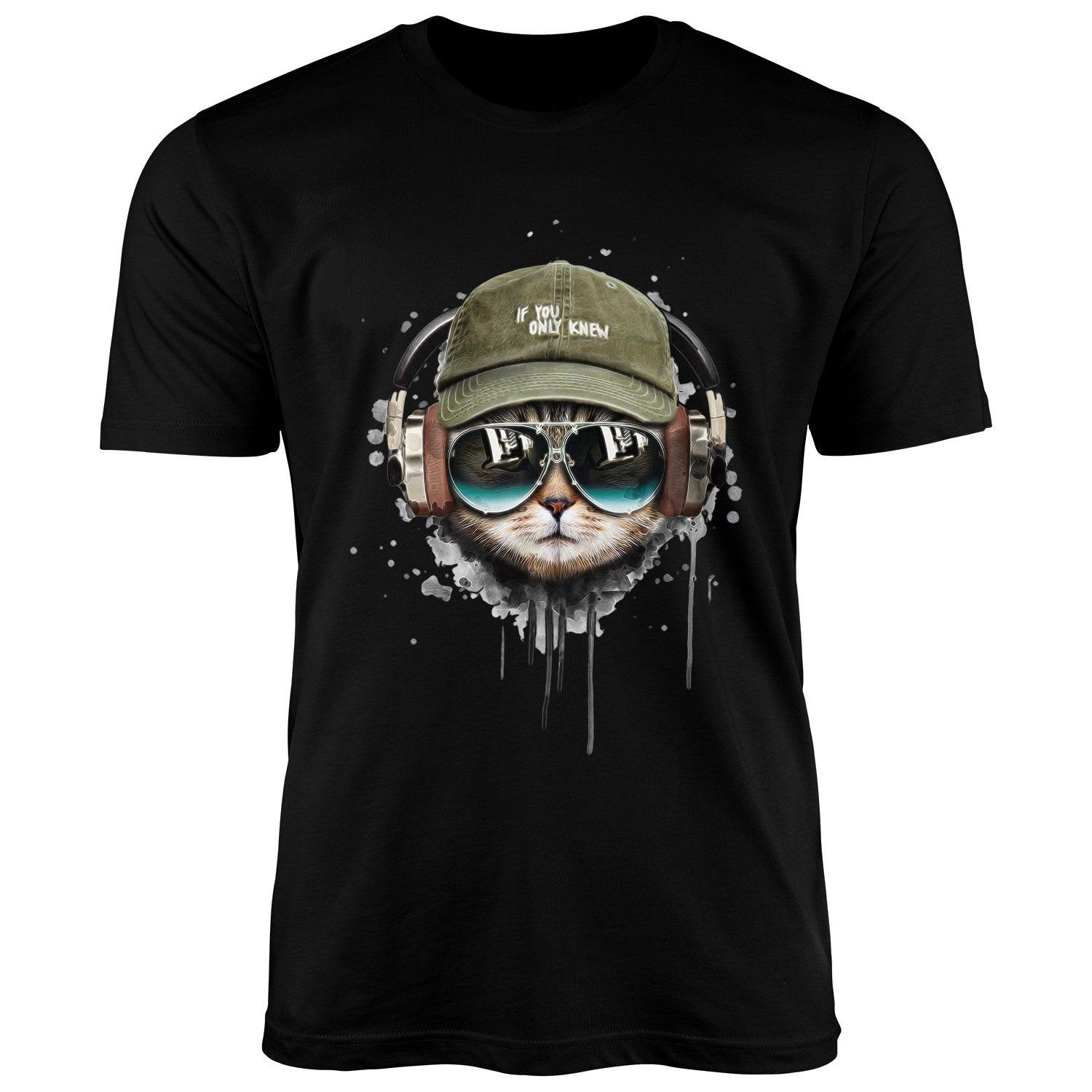 Neverless Katzen-Motiv T-Shirt Musik Fashion cool Neverless® Print-Shirt Kopfhörer Herren Streetstyle Print mit