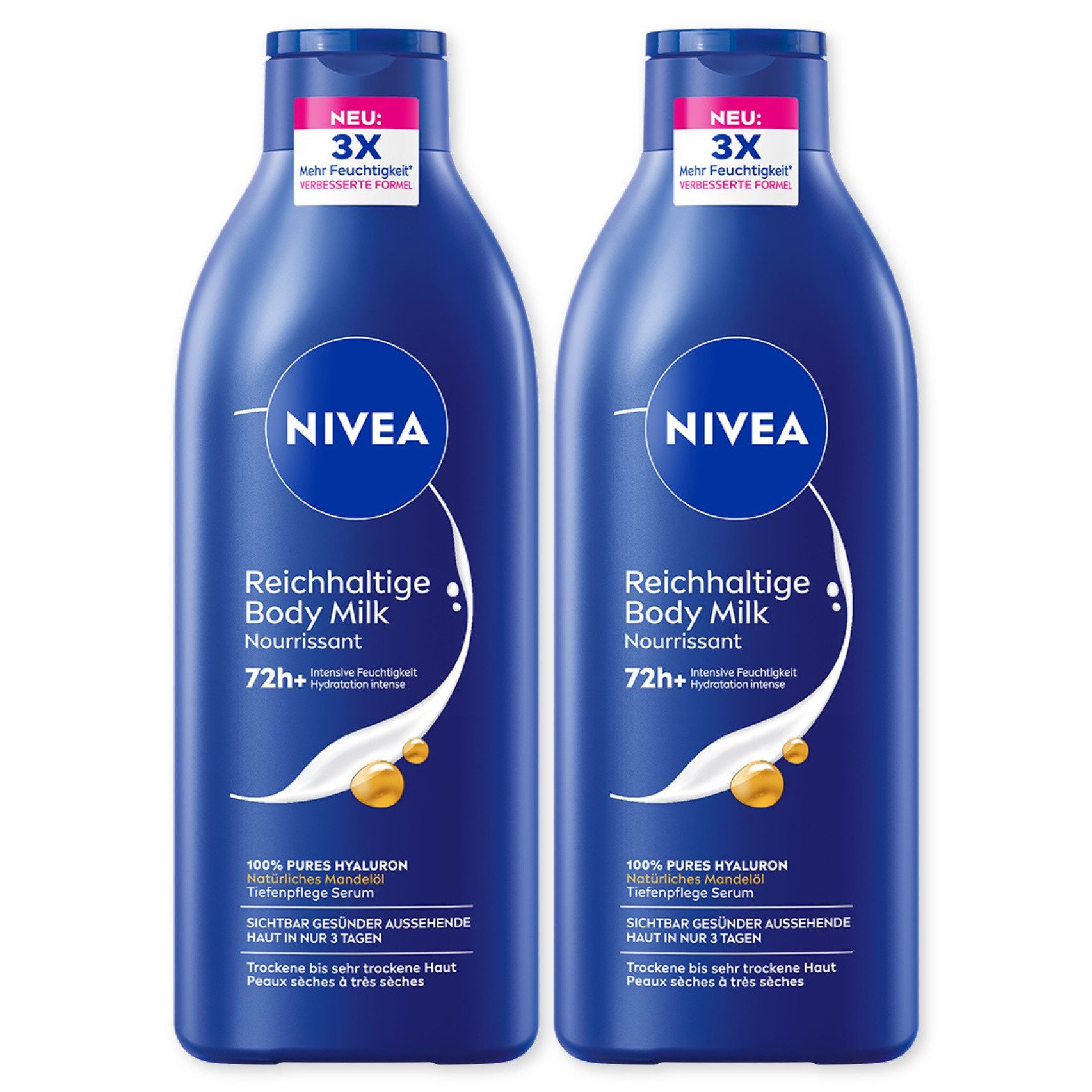 Nivea Körpermilch Reichhaltige Body Milk 2 x 400ml 72h+ Intensive Feuchtigkeit, 2-tlg., Nicht fettend und schnell einziehend