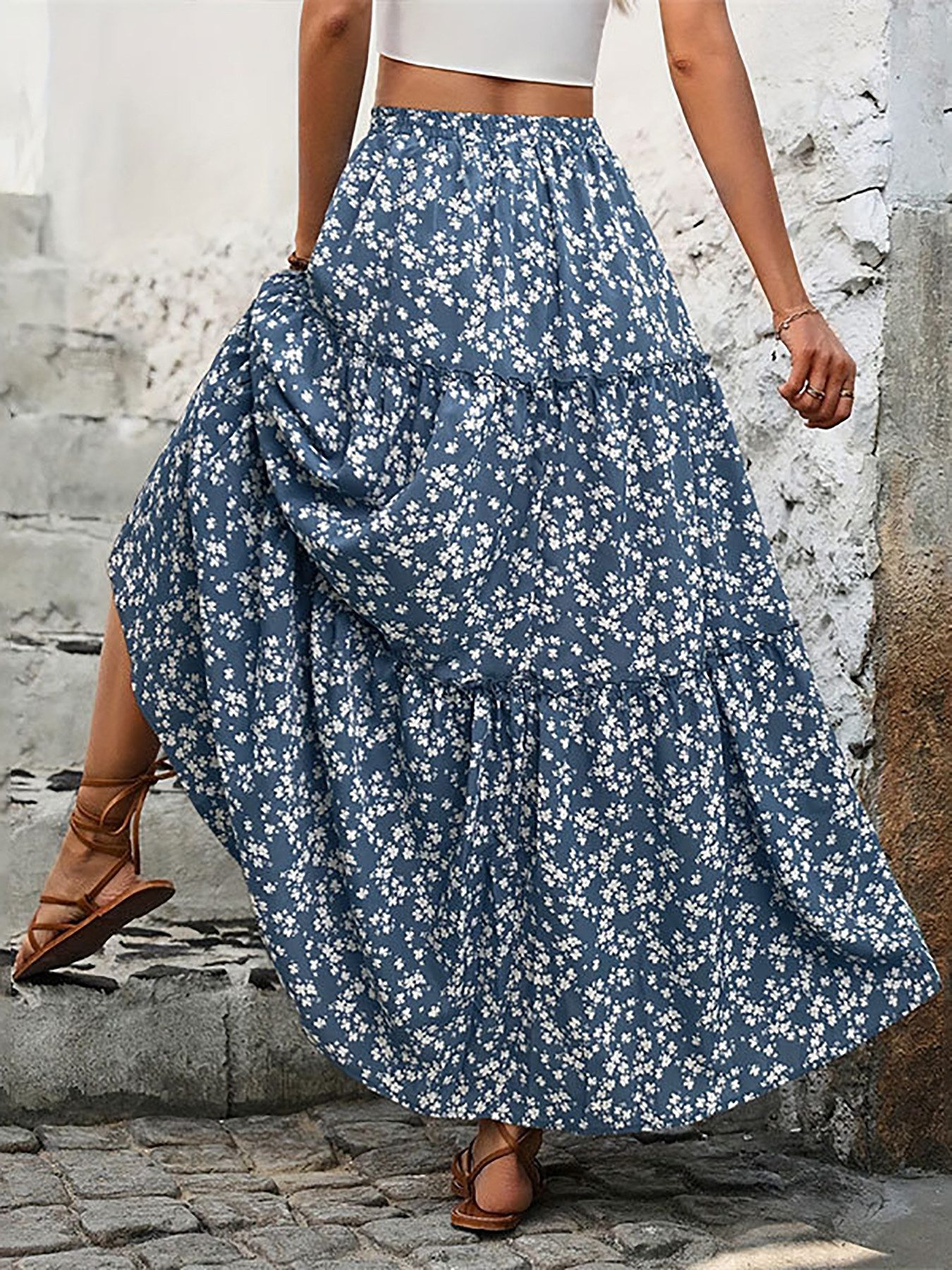 DEBAIJIA Midirock Damen Maxirock Sommer Floral Gedruckt Elegant Lange Röcke