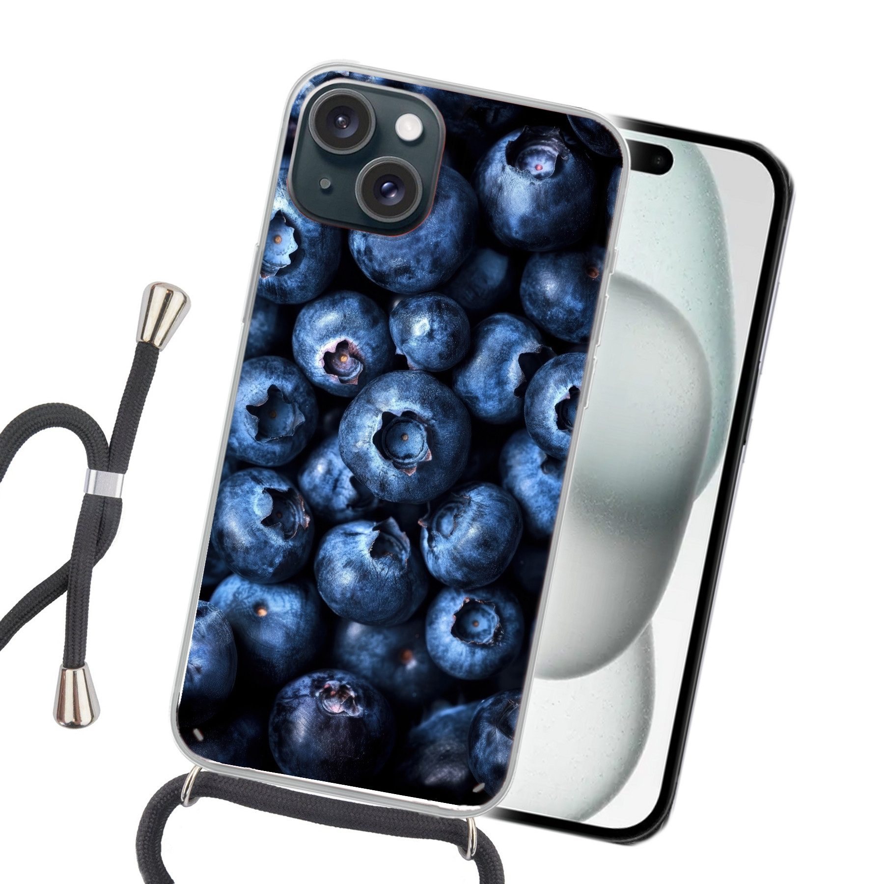 MuchoWow Handyhülle für Apple iPhone 15 Beeren - Blau - Obst, Tragbare Handyhüllen mit Kette zum umhängen, Handykette Handyband