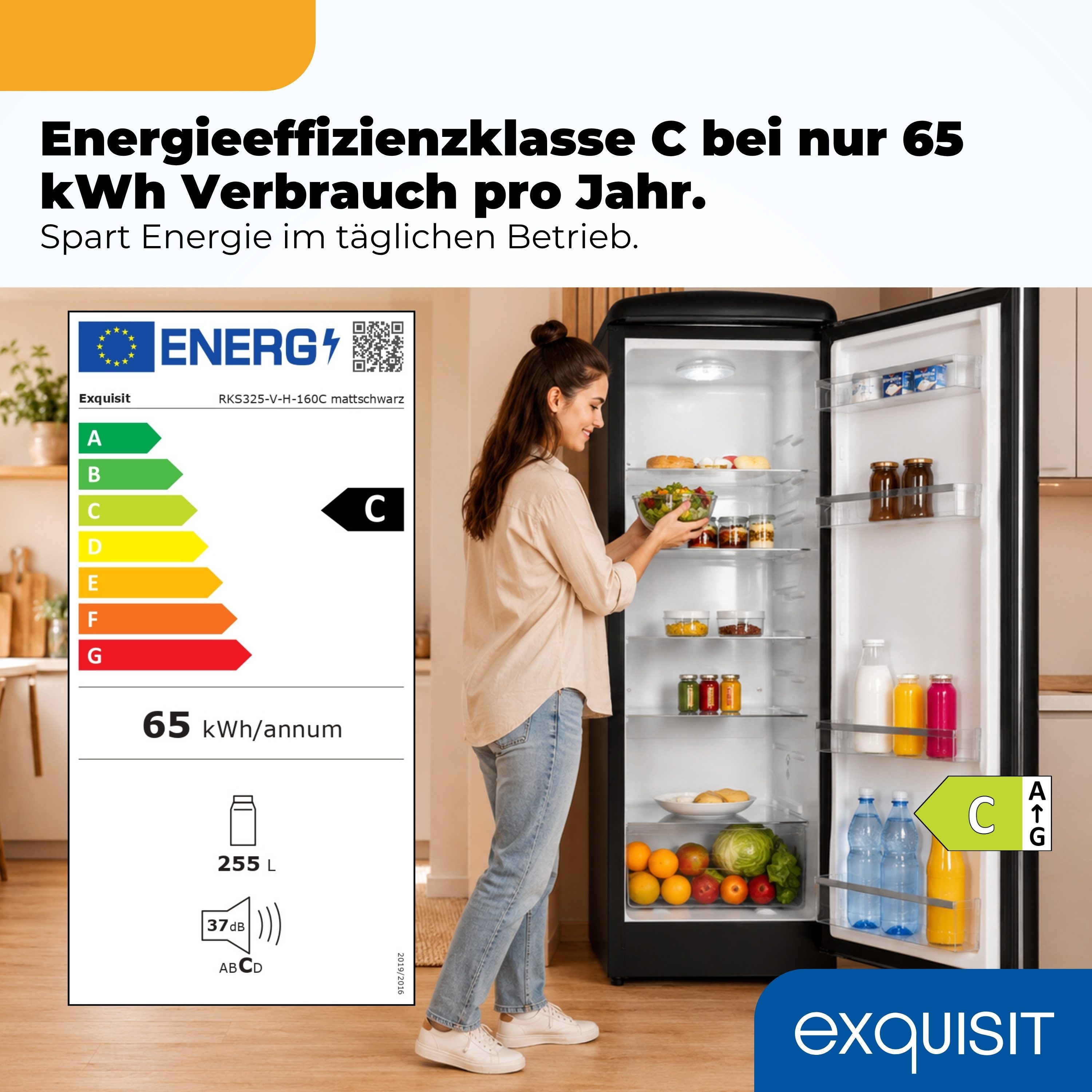 exquisit Kühlschrank RKS325-V-H-160C mattschwarz, 146,5 cm hoch, 54,5 cm breit, LED-Beleuchtung, verstellbare Glasböden, Retro-Design