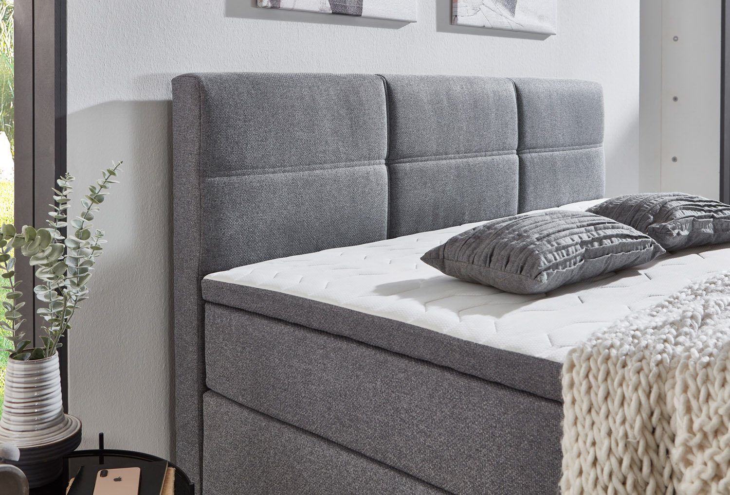 Sun Garden Boxspringbett KENORA, 180 x 200 cm, Grau, Webstoffbezug, mit Komfortschaumtopper, TFK-Matratze H2