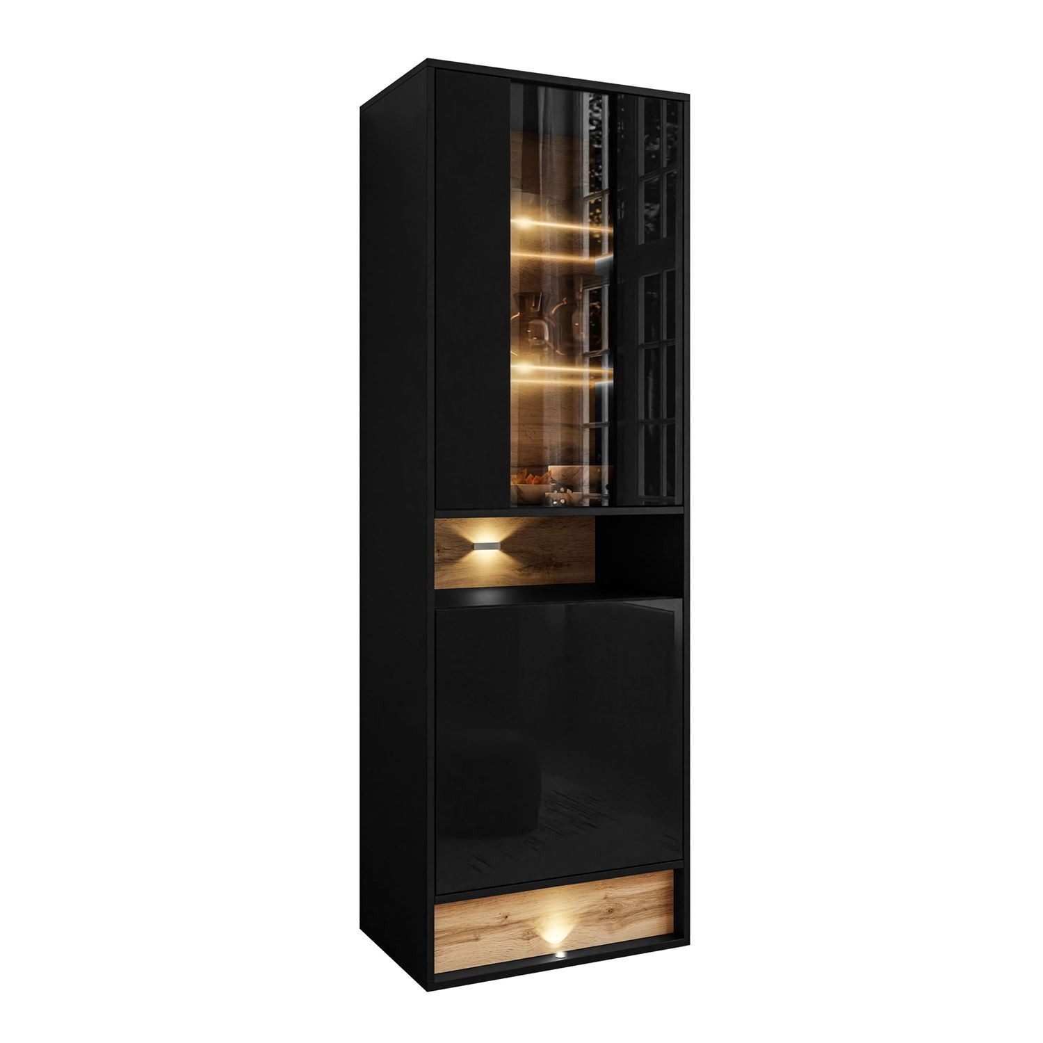ALLHOUSE24 Standvitrine MILA 60 cm mit Einsatz aus Wotan Eiche mit LED Beleuchtung VITRINE Breite 60 cm