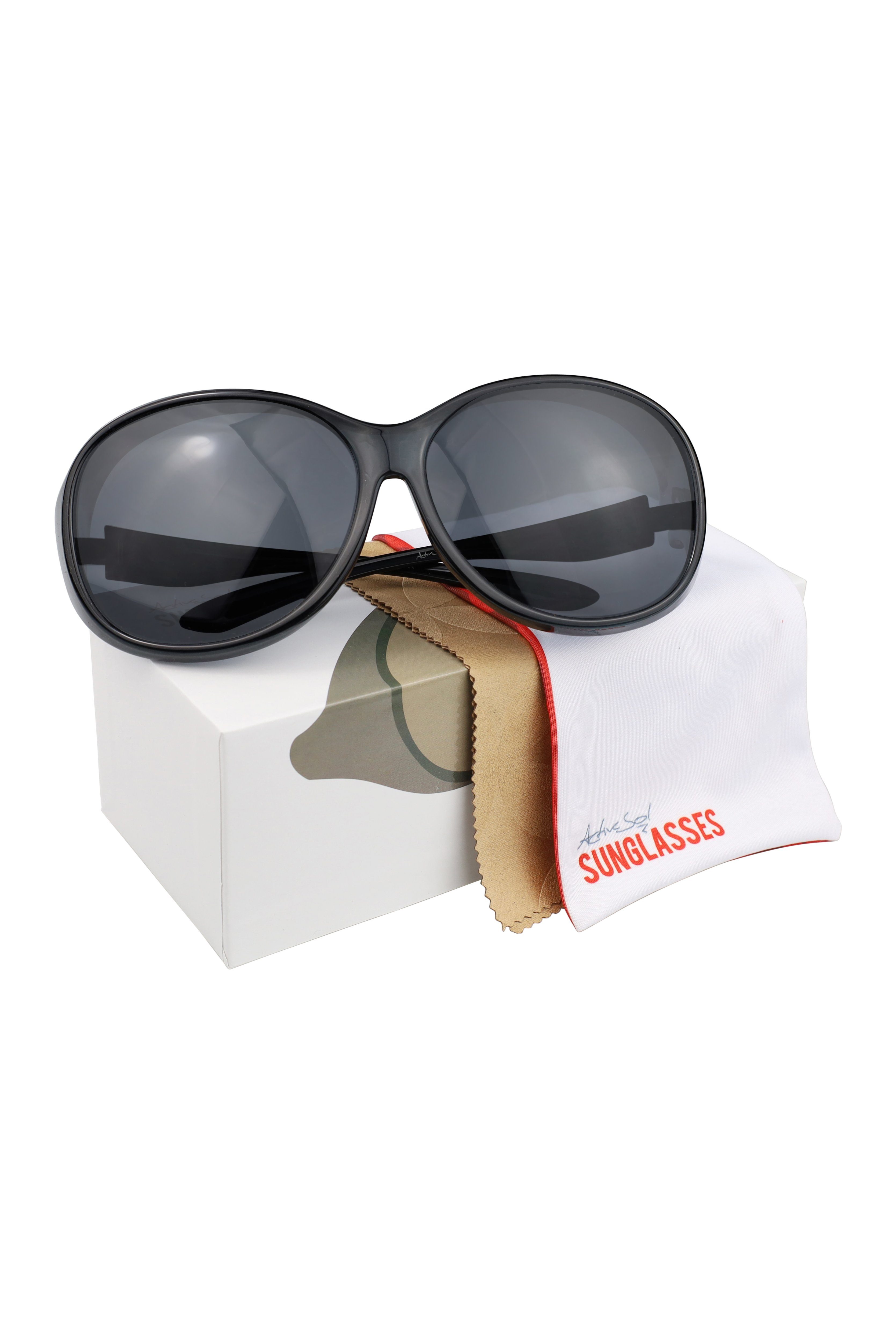 Schiebebox Sonnenbrille SUNGLASSES MEGA Damen Schwarz Brillenputztuch) Überziehsonnenbrille ActiveSol Vintage Stil und (inklusive