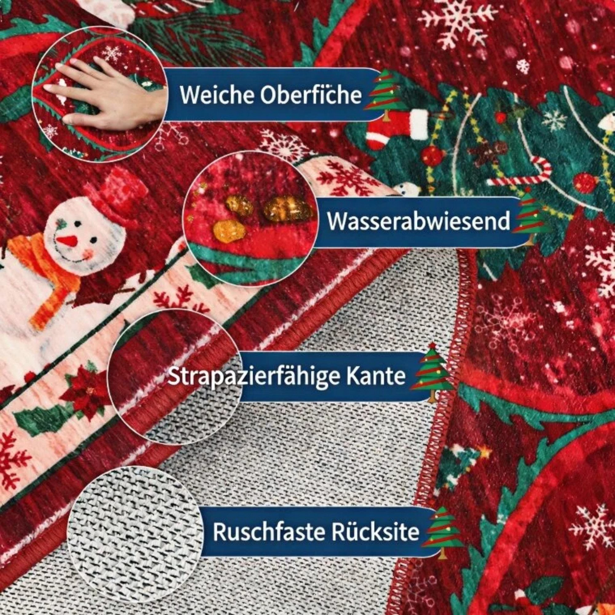 GarveeMore Teppich Festlicher Roter Weihnachtsteppich mit Schneemann & Tannenbaum, Höhe: 5 mm – Bild 4 von 5