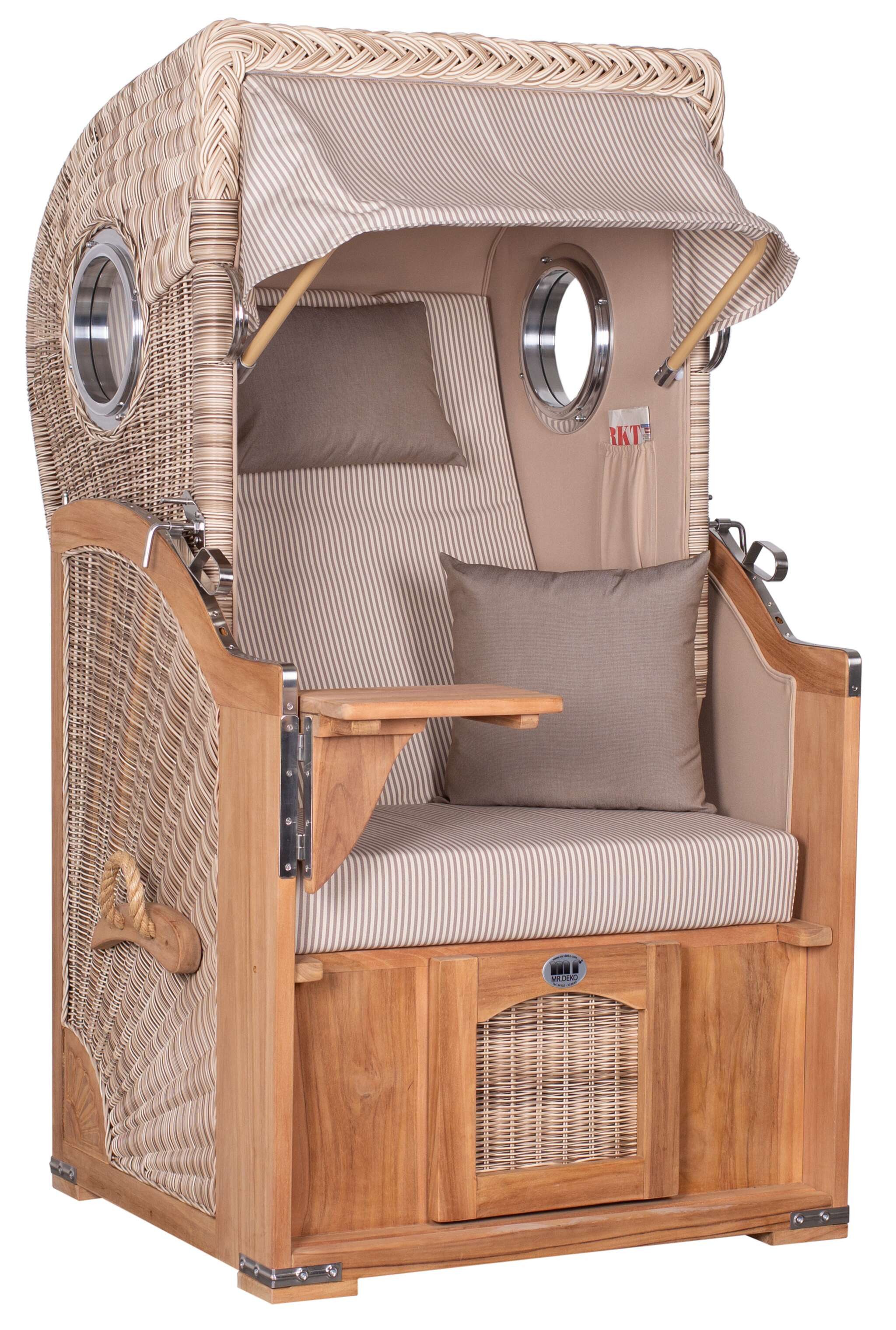 MR.DEKO Strandkorb 1-Sitzer Single Teak Shell Volllieger mit Bullaugen, BxTxH: 96x80x165 cm, Vollieger, Düne Single, (Fertig montierter Strandkorb für Garten, Terrasse & Balkon, 1-tlg), Wetterfester Volllieger mit Edelstahlbeschlägen & waschbaren Polstern