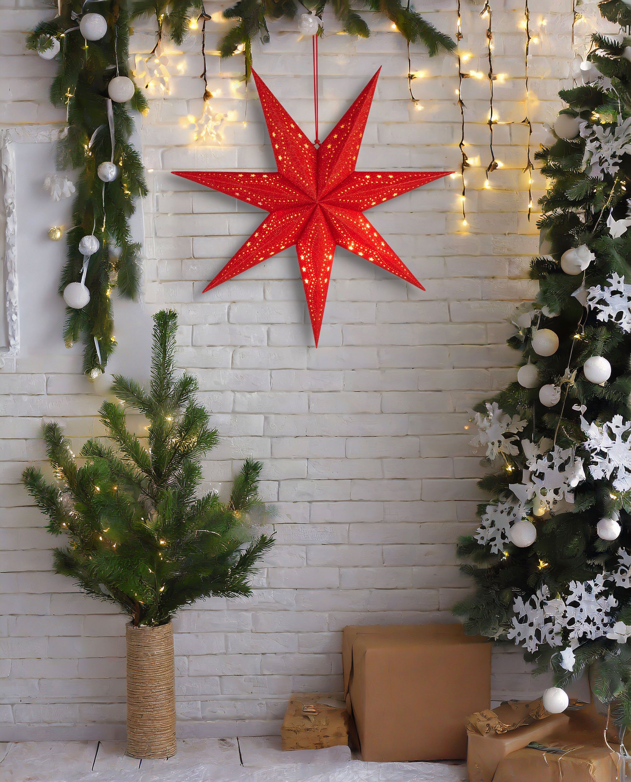 BRUBAKER LED Stern 3D Weihnachtsstern zum Aufhängen - LED Papierstern mit Timer, Batteriebetrieben und Beleuchtet, LED fest integriert, Warmweiß, 60 cm Adventsstern mit modernem Muster - Leuchtstern Deko Weihnachten