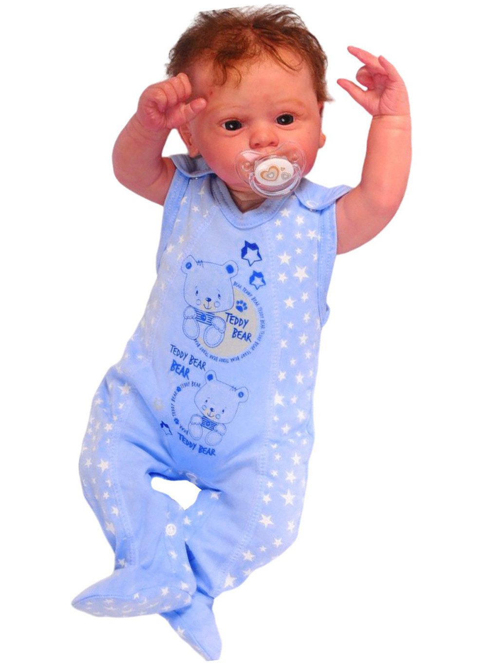 La Bortini Strampler Baby Einteiler in Blau mit Sternchen und Bären Stramplerhose aus reiner Baumwolle, 44 50 56 62 68 74