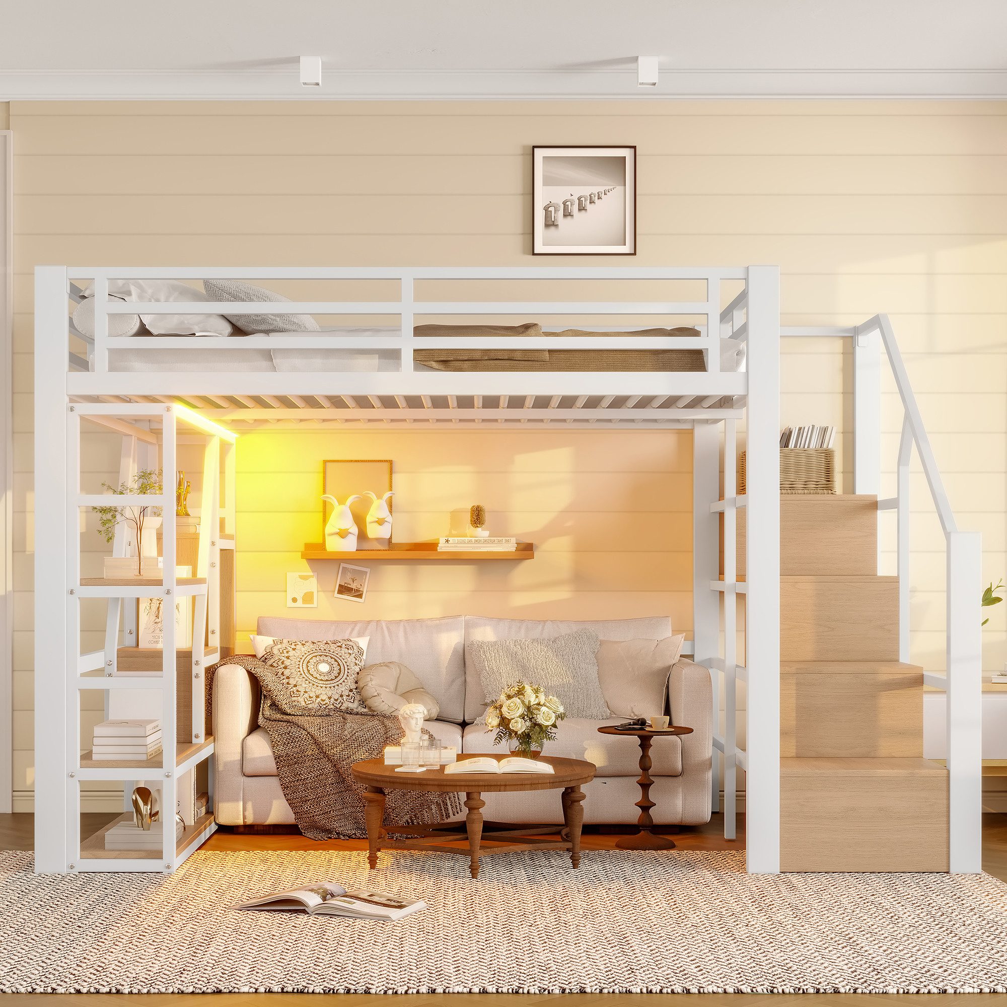 Odikalo Hochbett Metallbett 140x200 mit Stauraum & LED (Hochbett, 140 x 200 günstig online kaufen