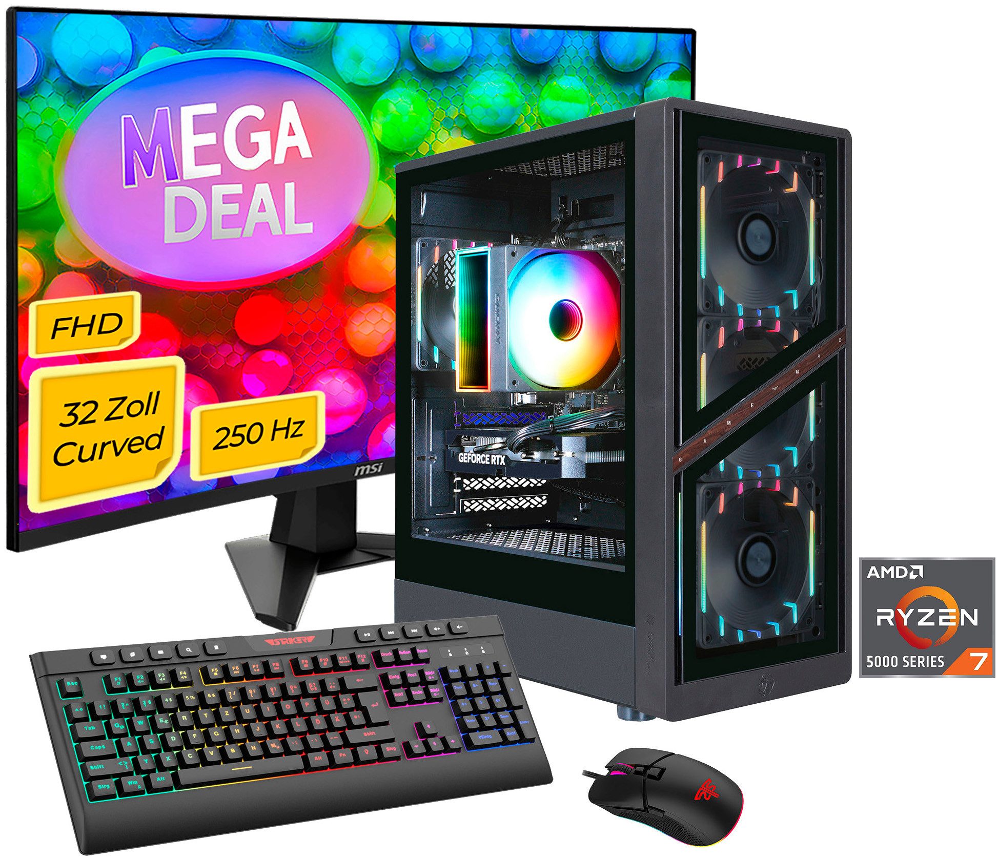 GAMEMAX MegaDeal AERIS GB 8131 AMD Ryzen 7 5700X 32GB 1TB SSD RTX 5060Ti Gaming-PC-Komplettsystem (32", AMD Ryzen 7 5700X, RTX 5060 Ti, 32 GB RAM, 1000 GB SSD, Windows 11 + MSI MAG 32C6X Curved Monitor 80cm (32)