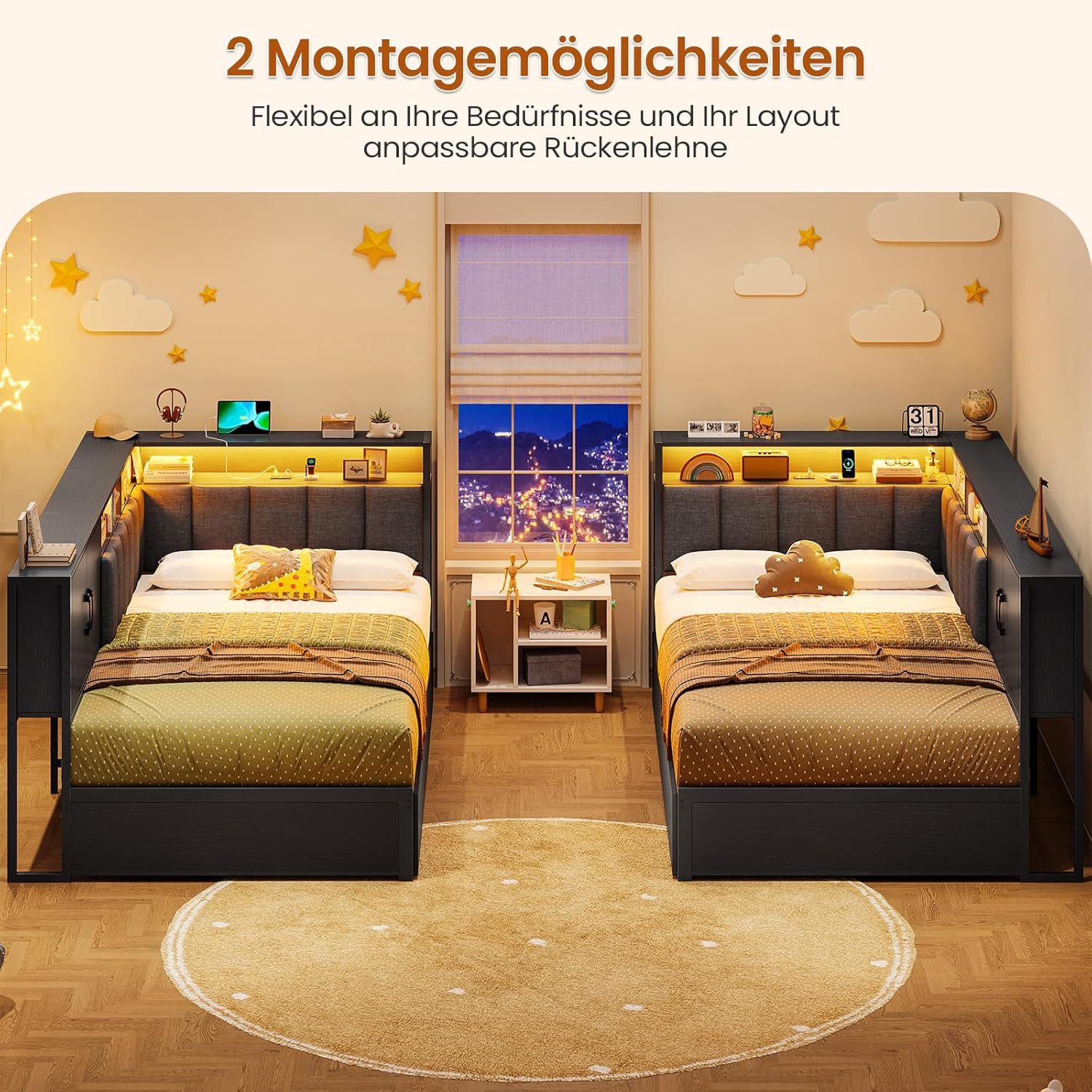 KIMENICH Polsterbett Schlafsofa mit LED-Beleuchtung, Jugendbett mit 2 Schubladen (1-tlg., Ohne Matratze), Kopfteil mit offenem Regal und Schrank, 90x190cm – Bild 4 von 5