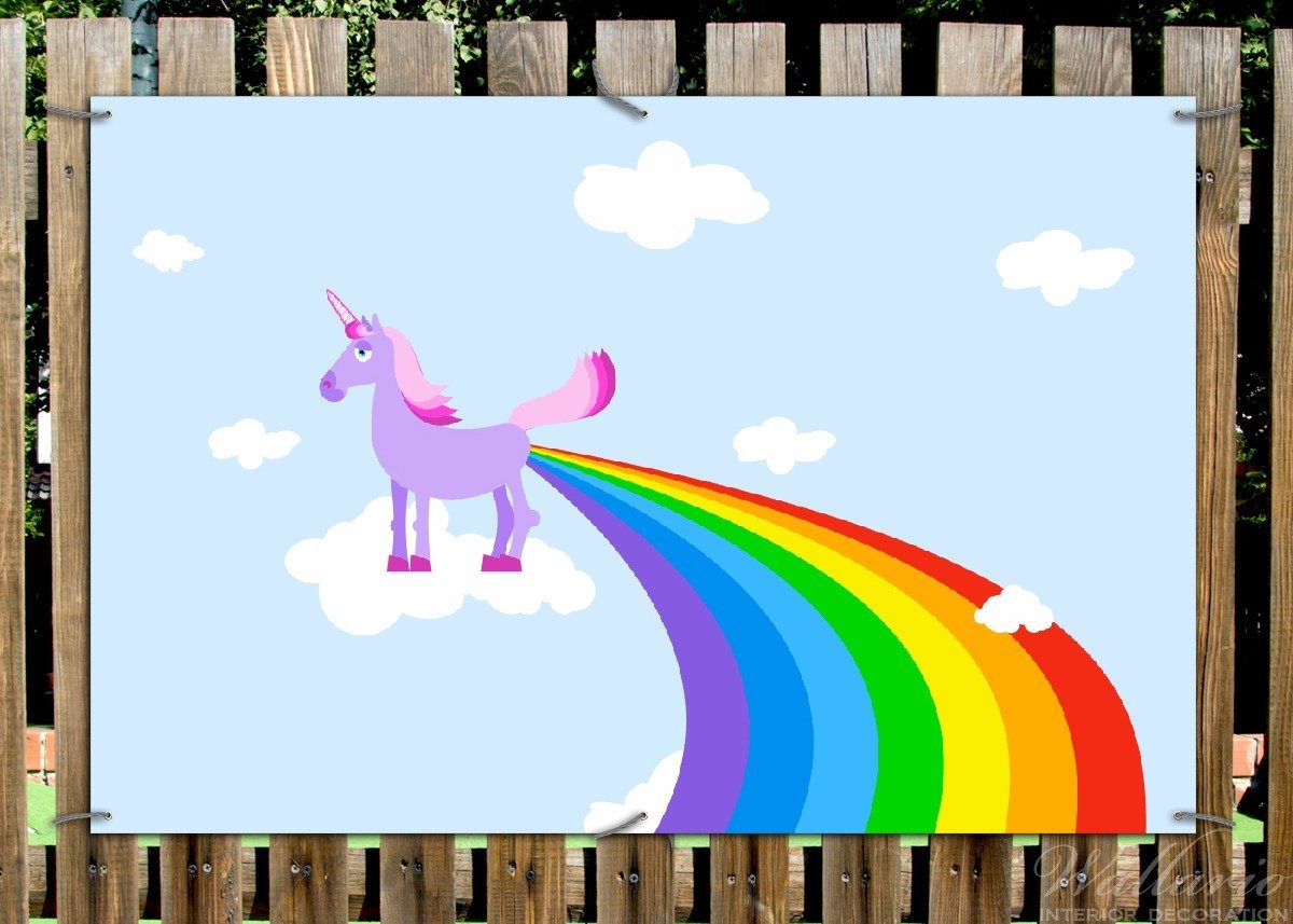 Thumbnail - Wallario Sichtschutzzaunmatten Einhorn mit Regenbogen aus dem Hintern, rund