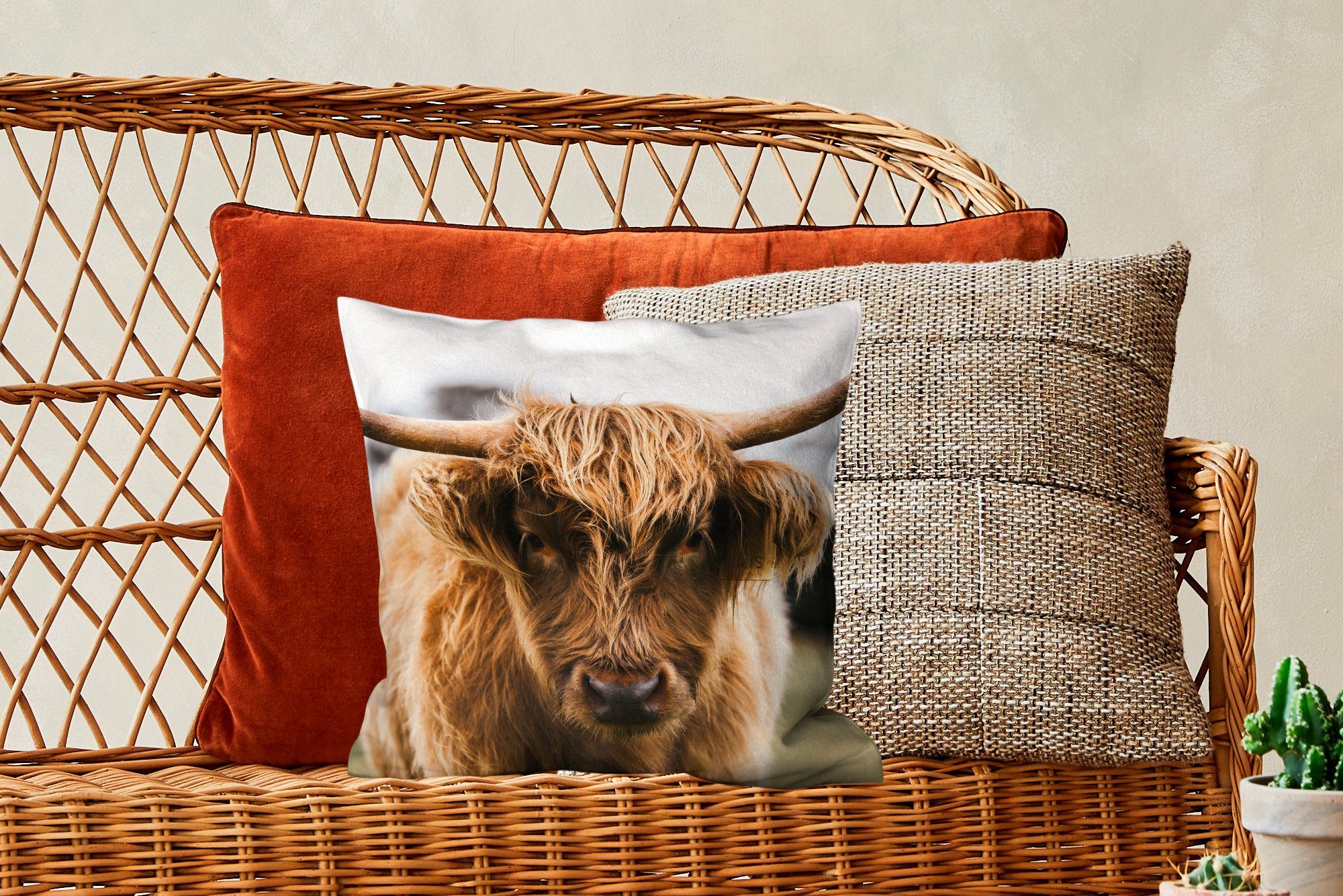 MuchoWow Dekokissen Deko, - für Kuh mit Natur, - Gras Füllung Highlander Tiere Zierkissen - - Schottischer Sofakissen Schlafzimmer, Wohzimmer