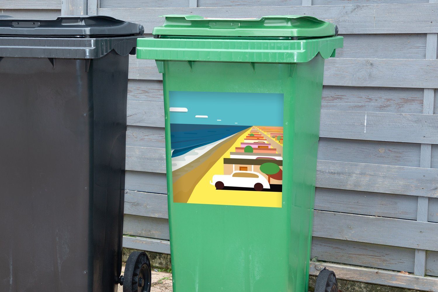 MuchoWow Wandsticker Illustration eines in von Autos amerikanischen Sticker, Abfalbehälter Nähe Mülltonne, (1 Mülleimer-aufkleber, Strandhäusern Container, St), der