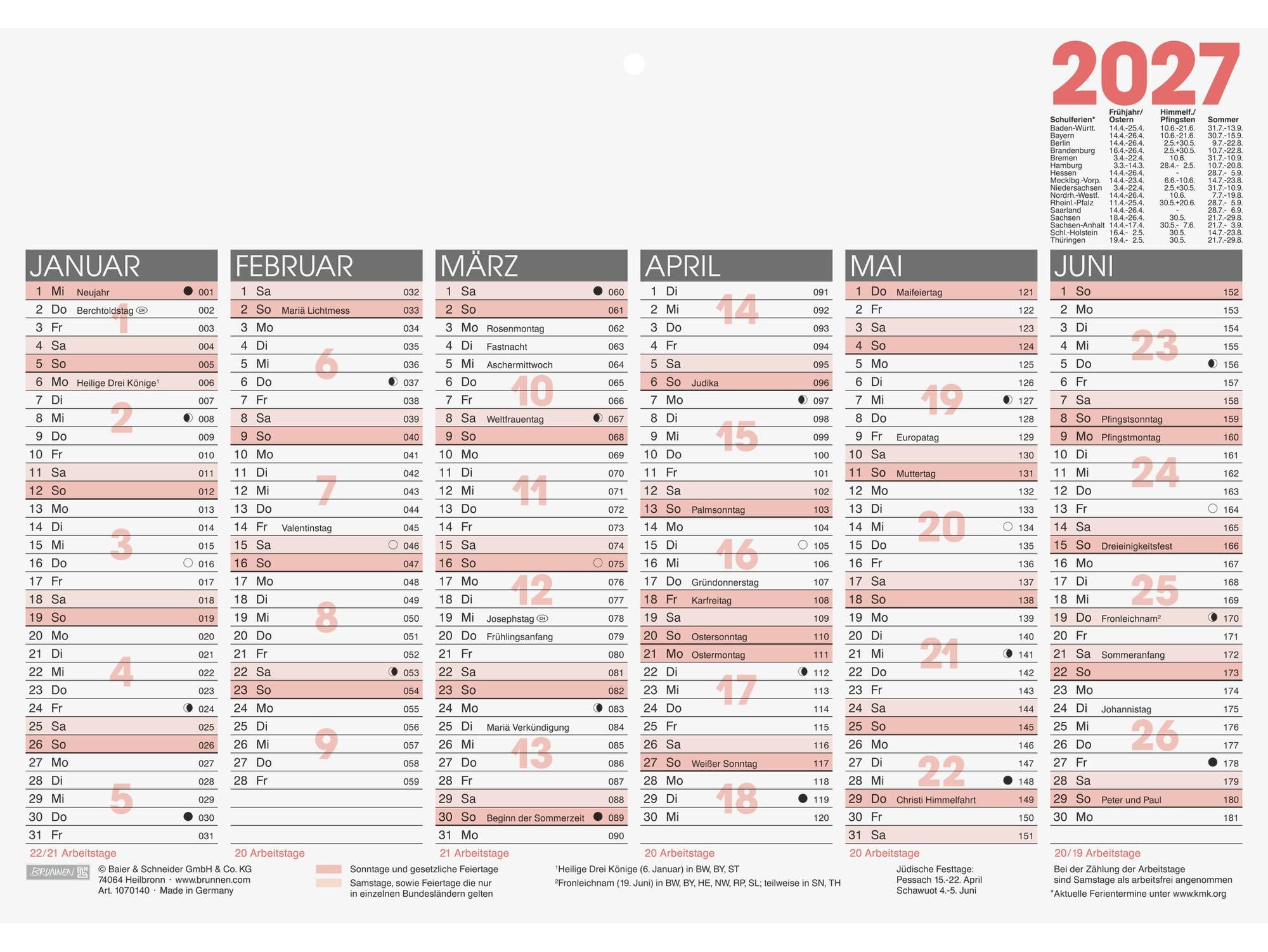 Baier & Schneider Wandkalender Tafelkalender 2027 A4 quer schwarz rot, Arbeitstagezählung