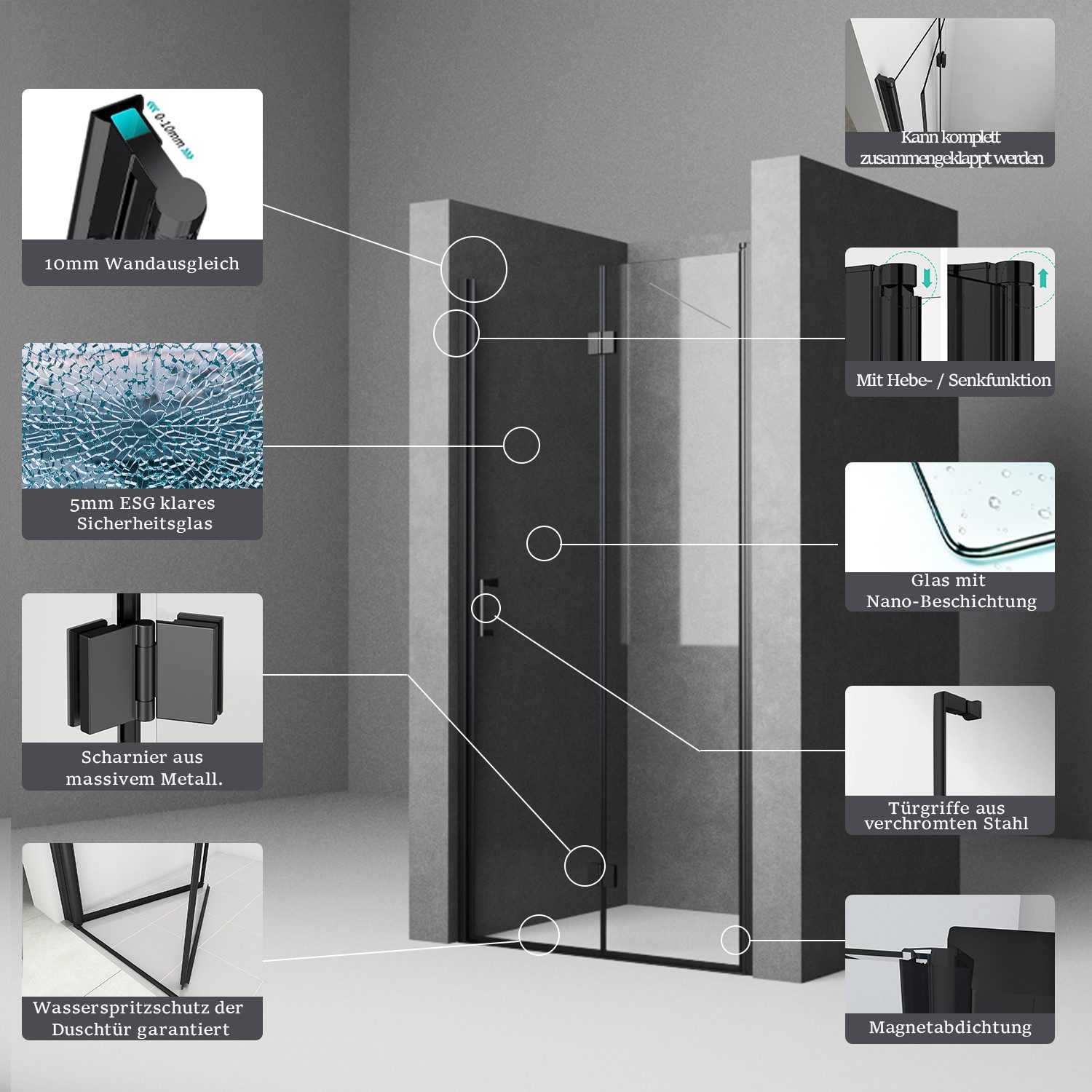 Boromal Dusch-Falttür Schwarz Nischentür Dusche Schwarz Duschabtrennung faltbar für Dusche, 70x195 cm, NANO Sicherheitsglas, (180º Falt-Drehfalttür, 90x195, 100x195, 120x195cm) mit Alu-Bodenleiste, Magnetverschluss, Duschdichtung
