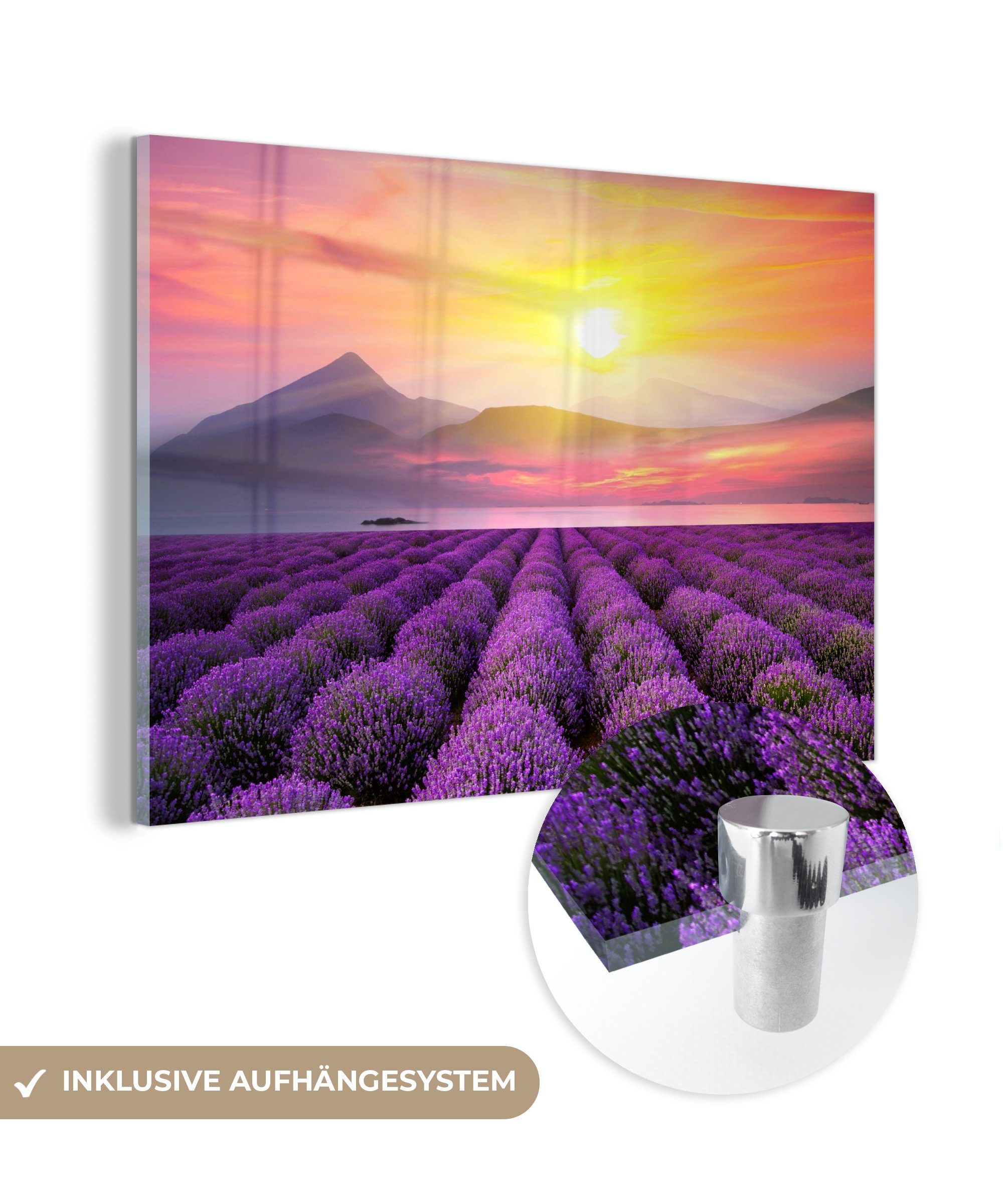 MuchoWow Acrylglasbild Ein Lavendelfeld mit Bergen im Hintergrund, (1 St), Acrylglasbilder Wohnzimmer & Schlafzimmer