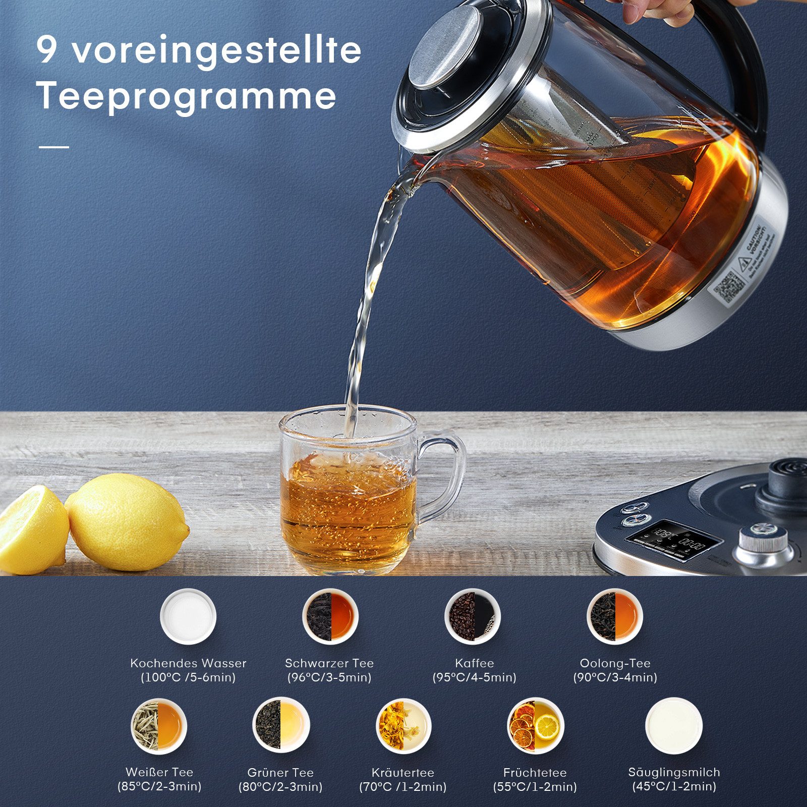 FOHERE Wasserkocher aus Glas und Edelstahl, mit Temperaturregler und Sockel, 1,7 l, 2200 W, 40 °C – 100 °C, 2 Stunden warmhalten – Bild 4 von 5