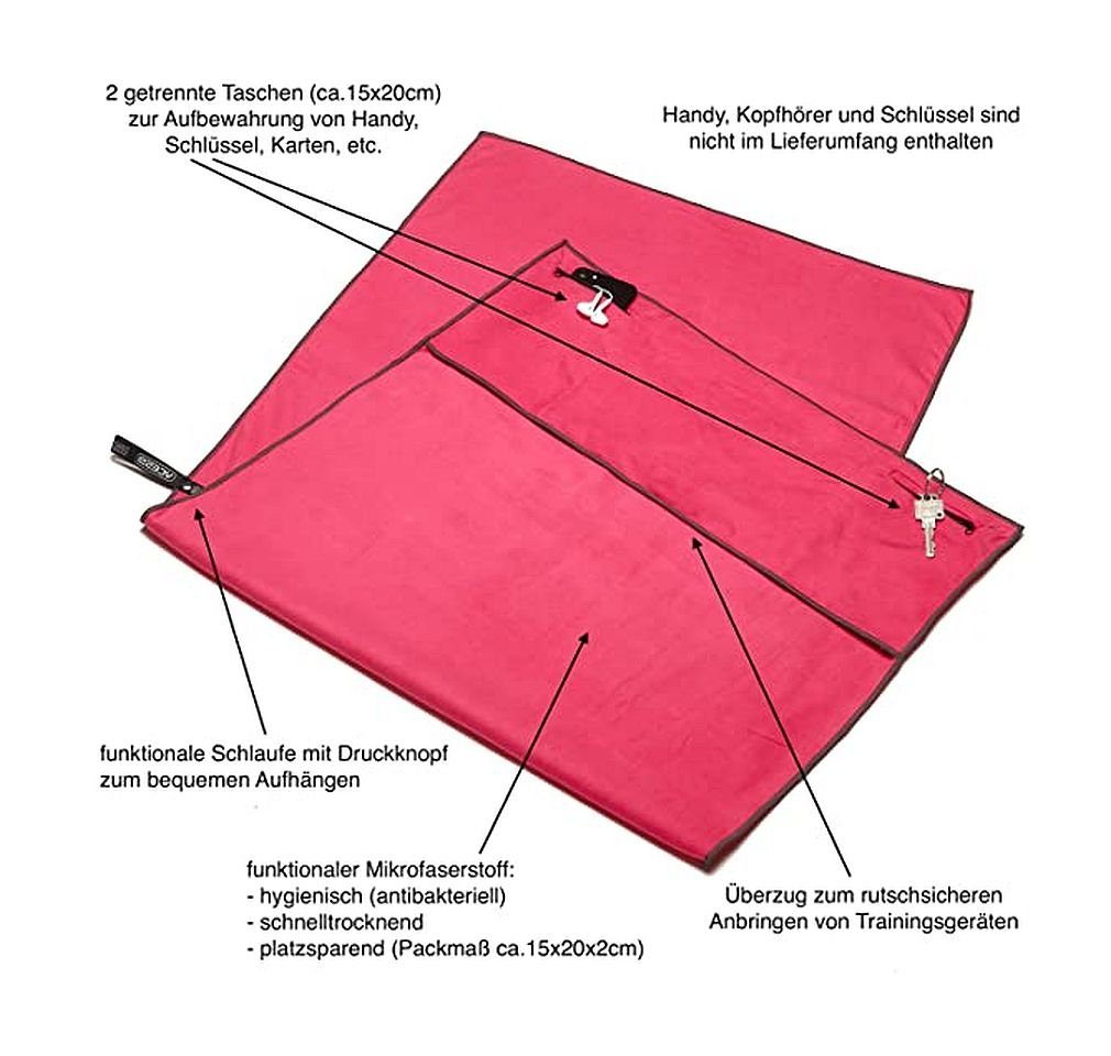 ACE2B Sporthandtuch ace2b Handtuch Mikrofaser Reißverschluss Taschen + Rutschfester