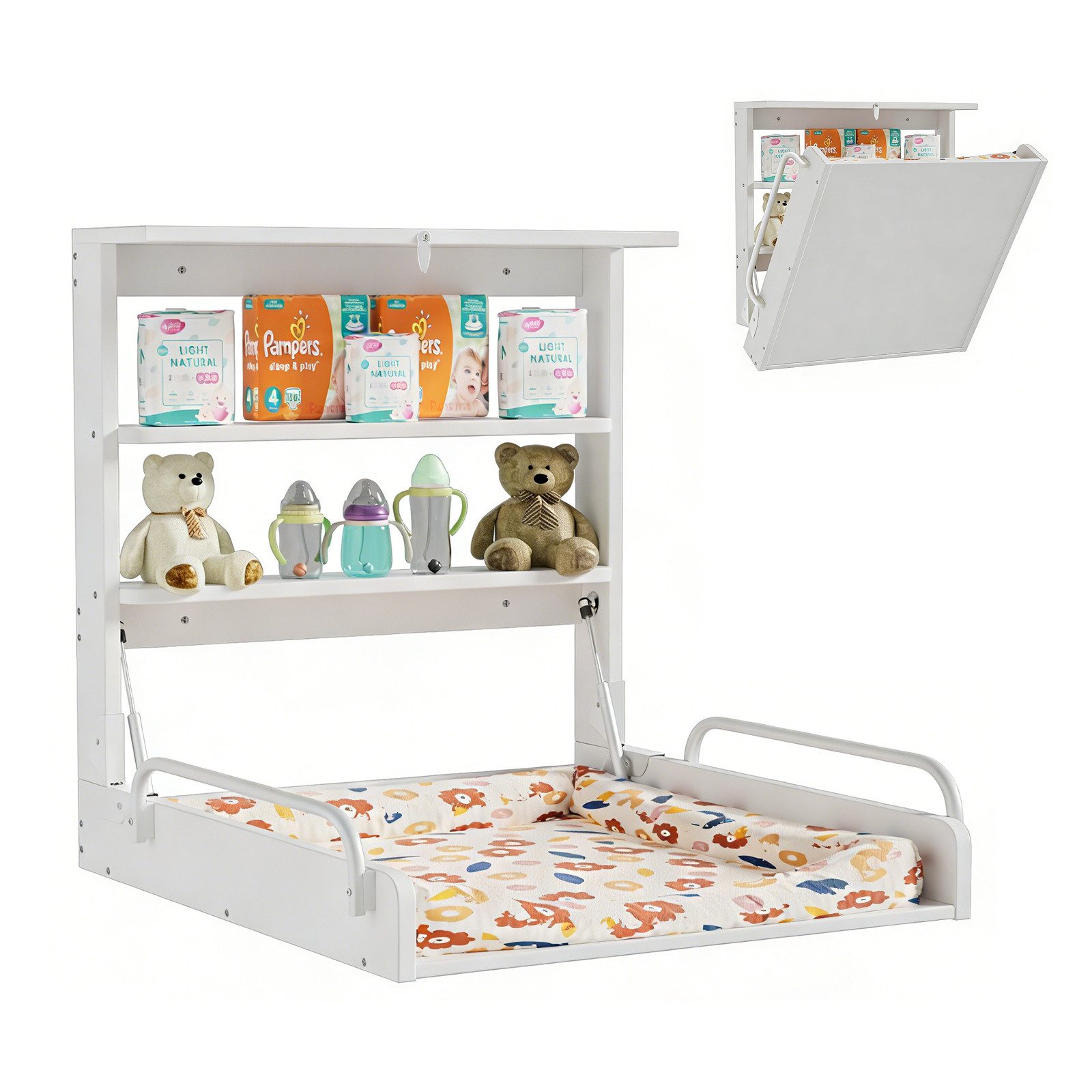 TWSOUL Wickelregal Wandwickelregal Klappbares Wickelkommode Wandwickeltisch, weiß, aus Holz, mit 3 Regalfächern Platzsparend zur Einfachen Wandmontage