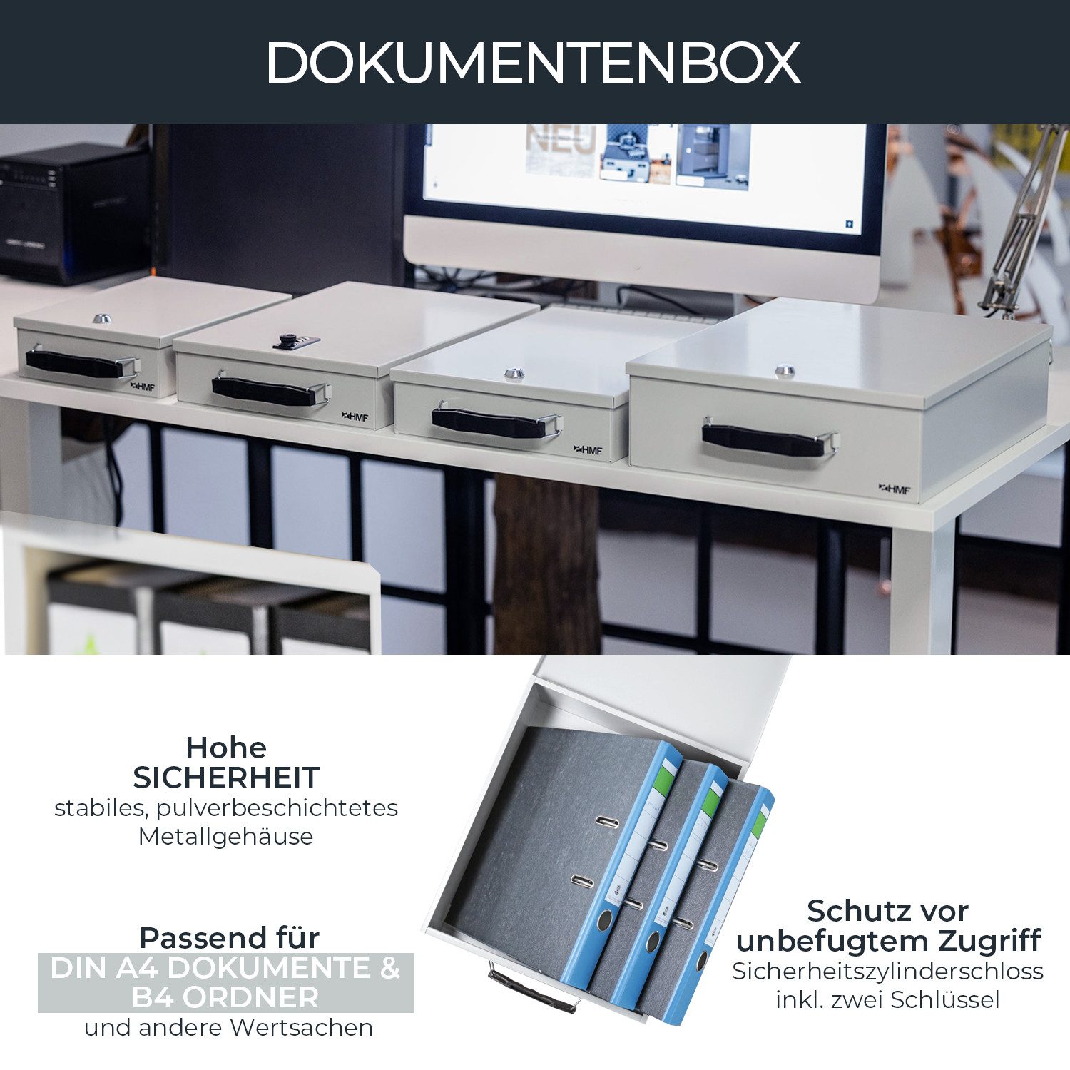 HMF Geldkassette Abschließbare XL Dokumentenkassette für Ordner DIN A4/B4, Dokumentenbox 39,5 x 32,5 x 12 cm, Lichtgrau – Bild 2 von 5