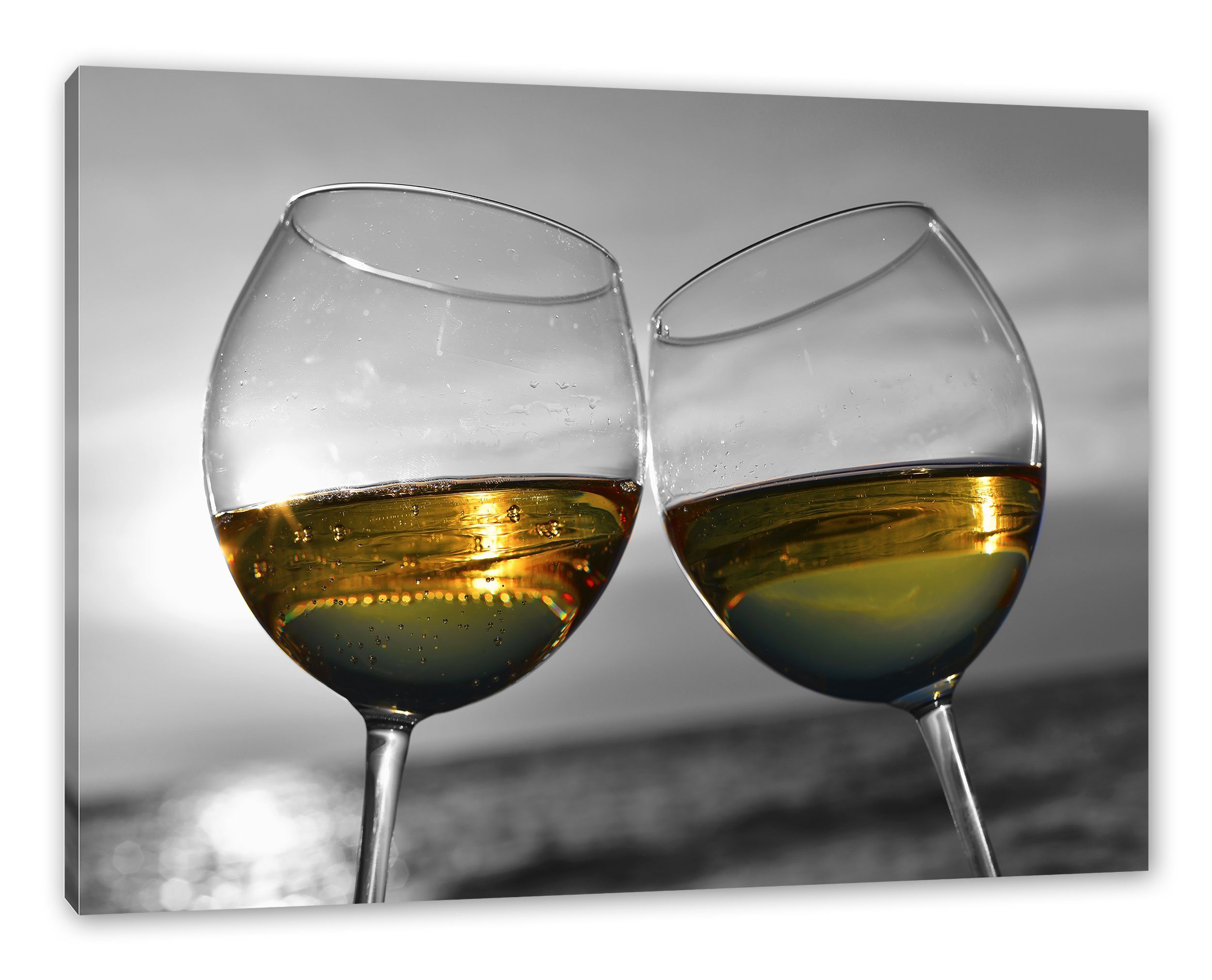 Pixxprint Leinwandbild Wein in Gläsern am Meer, Wein in Gläsern am Meer (1 St), Leinwandbild
