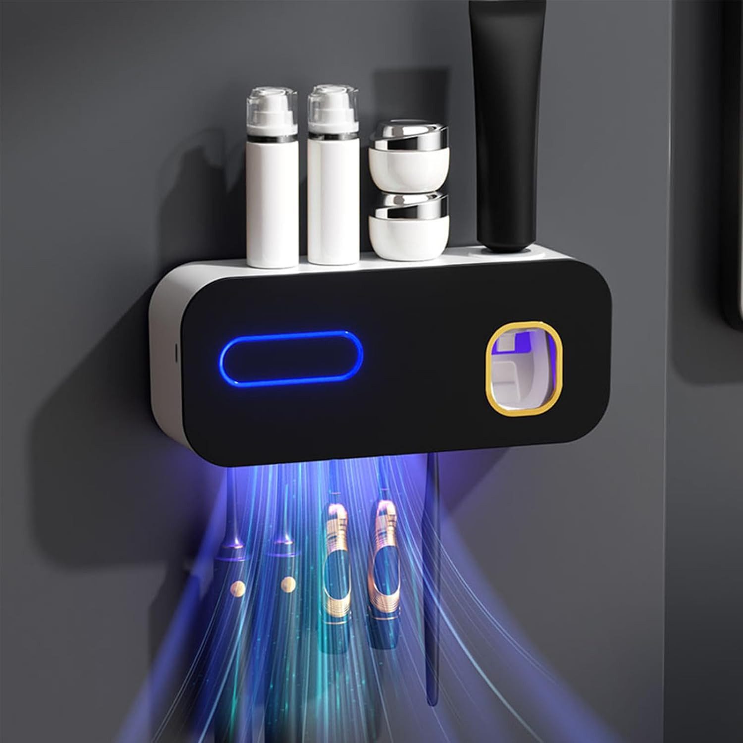ibettertec UV-Zahnbürstenhalter UV-Zahnbürste Sanitizer, Zahnbürste Sanitizer Halter, wiederaufladbare, Sterilisation & Timing-Funktionen, Kabellose Wand Montiert Zahnbürste Sterilisator für Bäder mit 5 Slots