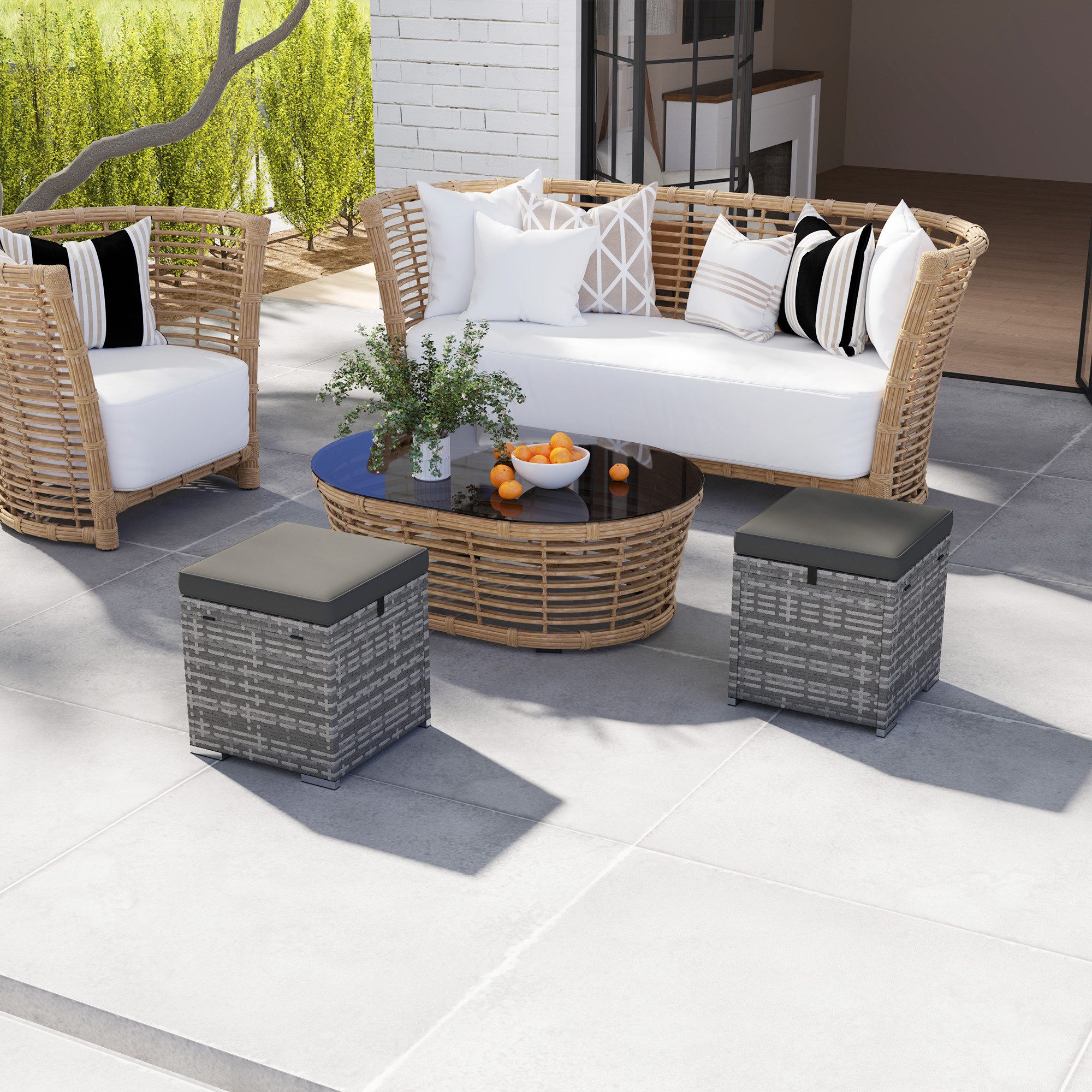 Outsunny Fußhocker mit Rattanoptik, Stauraum, Kissen, günstig online kaufen
