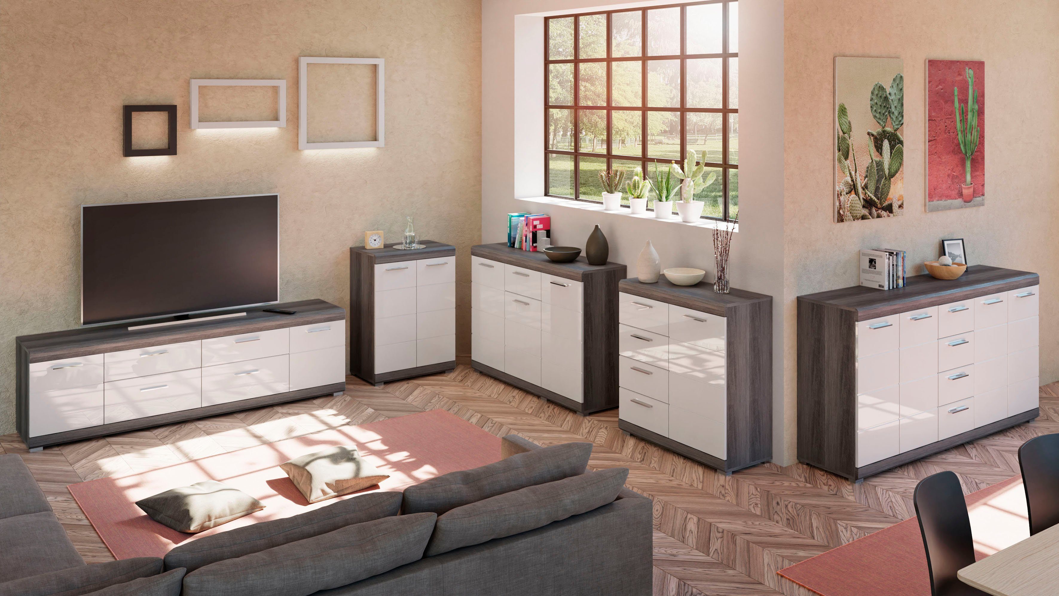 Home affaire Kommode SIENA, Breite 165cm, 4 Türen, 4 Schubkästen, 8 Einlegeböden, 12 Fächer (hochwertige Rillenfräsung in MDF Front), Schuhkommode, Schuhschrank, Anrichte, Sideboard