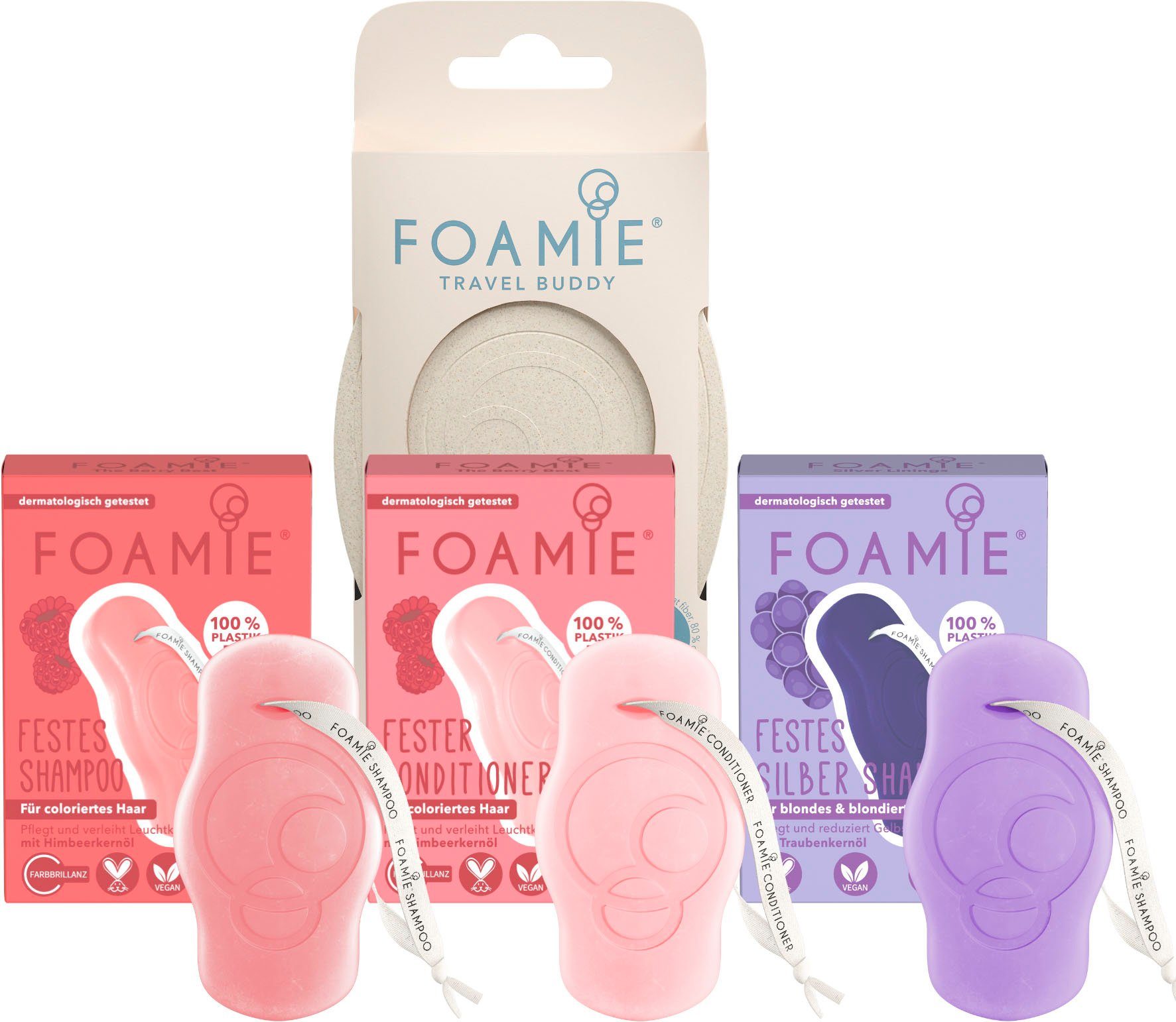 FOAMIE Haarpflege-Set Coloriertes Haar + Silbershampoo und Travelbuddy, 4-tlg.