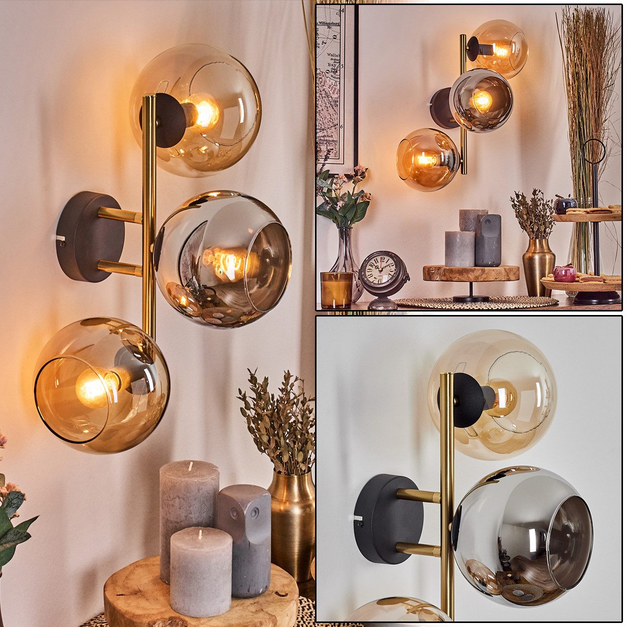 Wandleuchte Wandlampe aus Metall/Glas in Schwarz/Gold/Bernstein/Chrom/Rauch