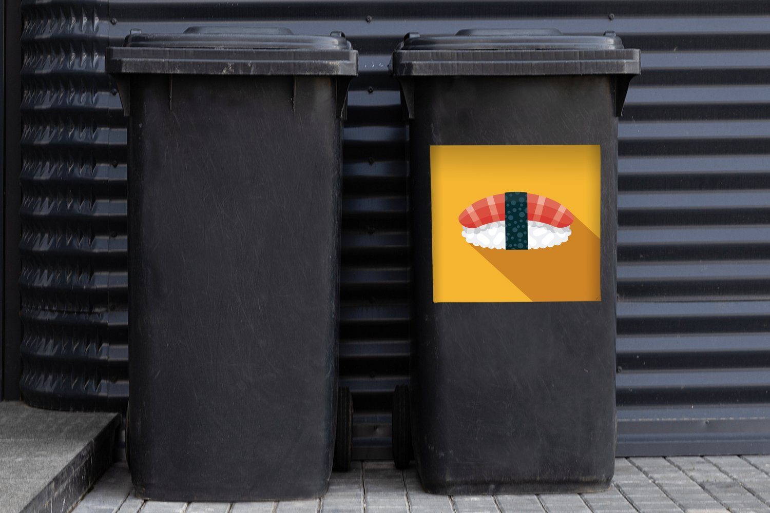 Hintergrund Mülltonne, Wandsticker Sticker, Schatten (1 mit MuchoWow gelbem Mülleimer-aufkleber, St), Abfalbehälter Container, Illustration Sushi auf