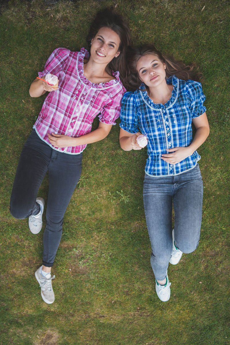 OS Trachten Trachtenbluse Smussu Damen Kurzarmbluse mit Kräuselärmel