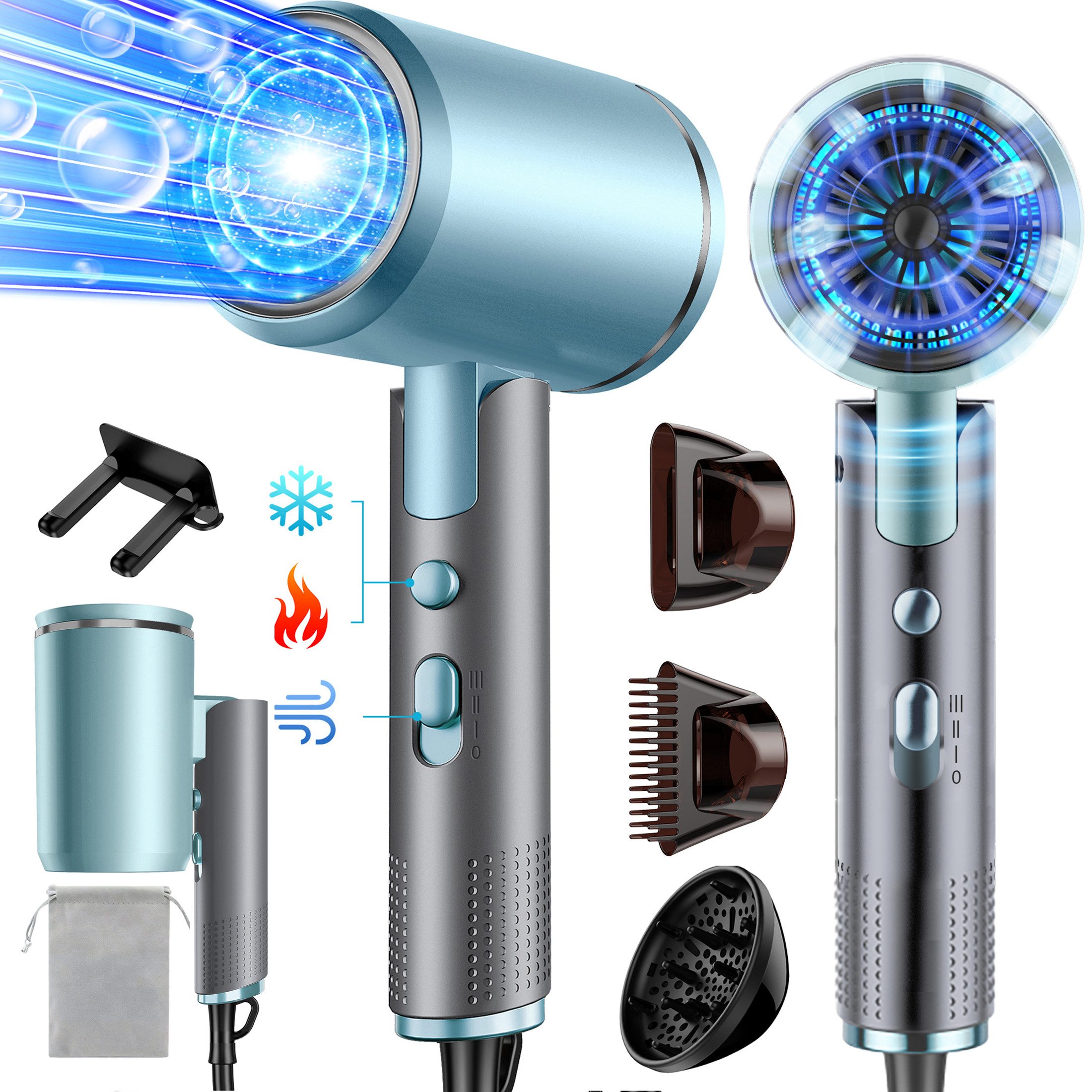 ibettertec Haartrockner Haartrockner Föhn Ionen,klappbar,mit 3 Stylingdüse, 2400 W, Schnelltrocknen Hair Dryer Mit 6 Temperatureinstellungen, Reiseföhn Hairdryer Frisuren Zubehör Reisehaartrockner