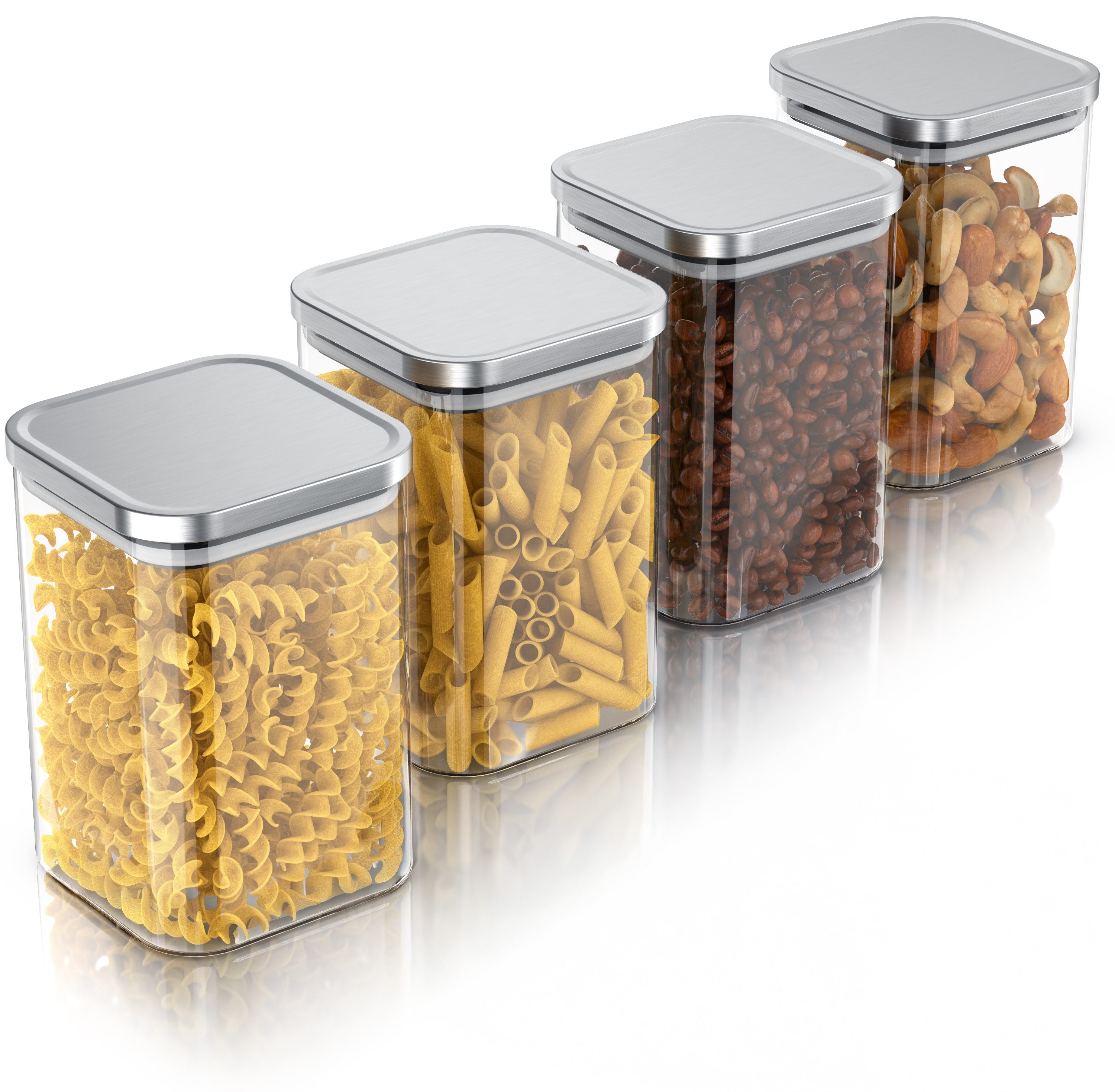 Arendo Aufbewahrungsbecher Glasbehälter-Set 4x 1,2 L Borosilikat quadratisch mit Edelstahldeckel, Borosilikatglas, Edelstahl, Silikon, (Vorratsbehälter-Set, 4-tlg., 4er Set), luftdicht, hitze & kältebeständig, Mikrowellen & spülmaschinengeeignet